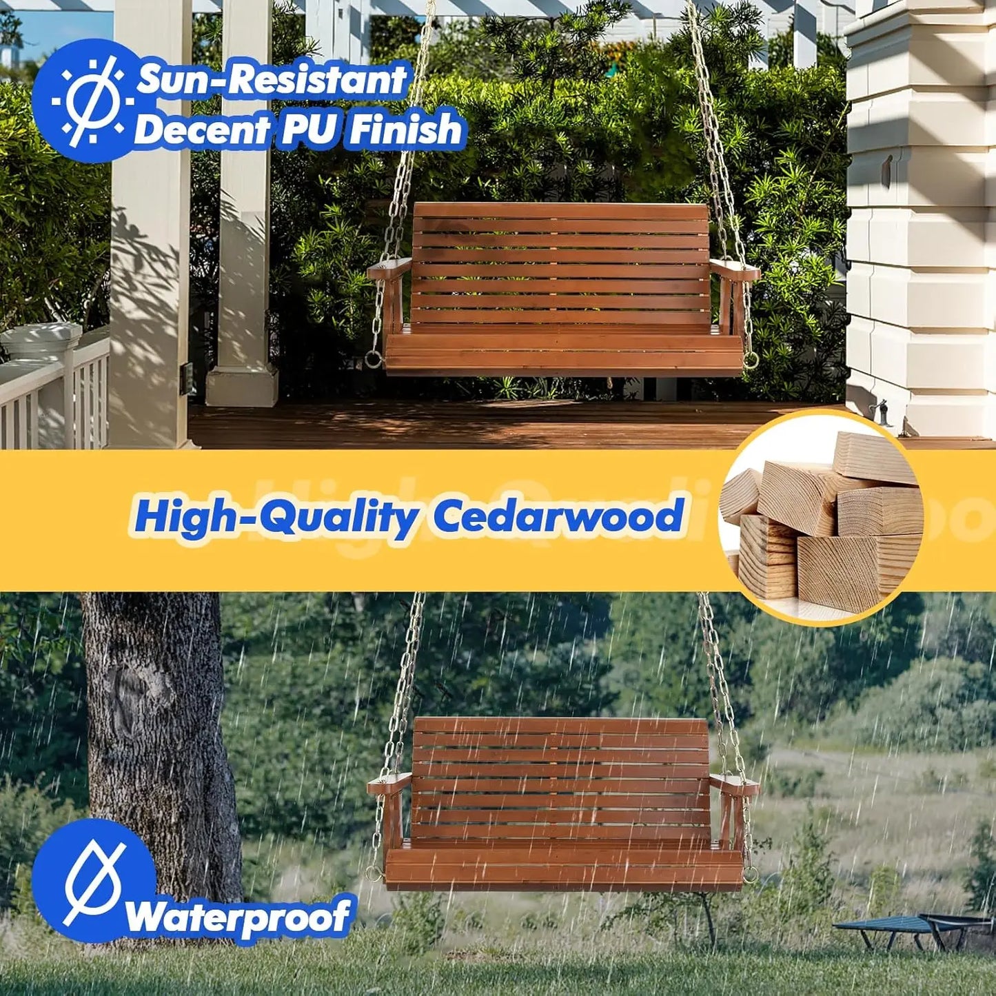 Upgraded Patio Wooden Porch Swing for Courtyard & Garden, Heavy Duty 880 LBS Swing Chair Bench with Hanging Chains, Customized