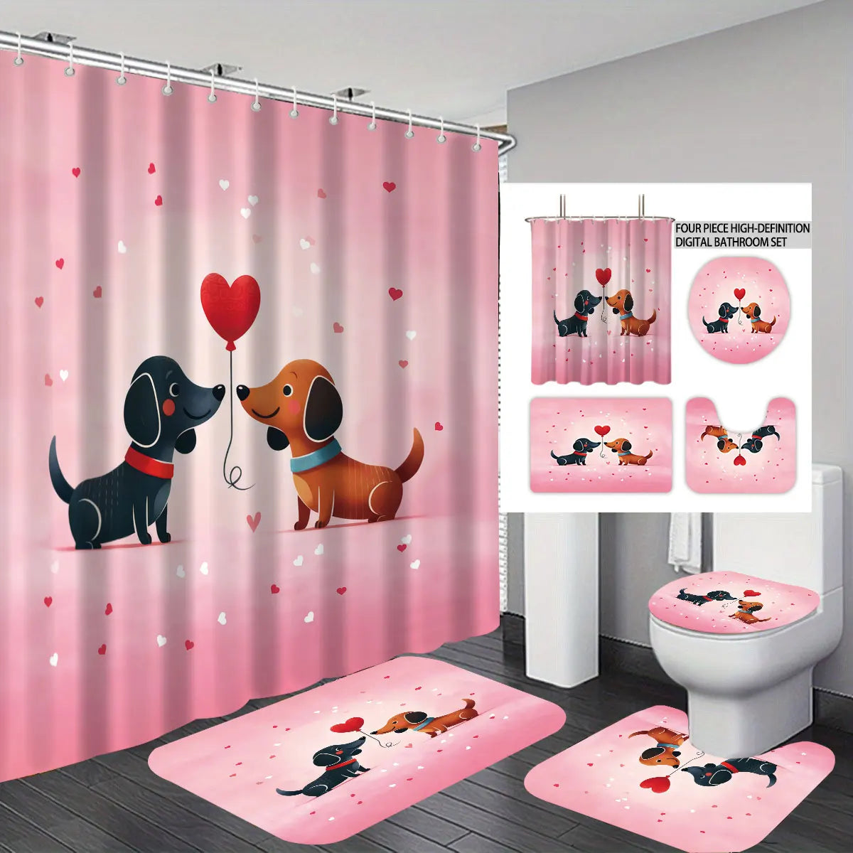 4pcs Valentine's Day Pink Romantic Sausage Dog Print Bathroom Set Waterproof Shower Curtain Floor Mat U-shaped Toilet Mat