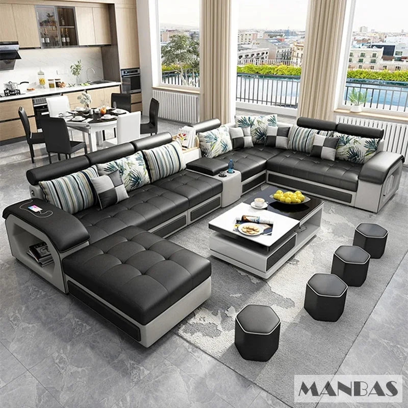 Linlamlim U Shape Fabric Sofa Set With USB Ports And Stools