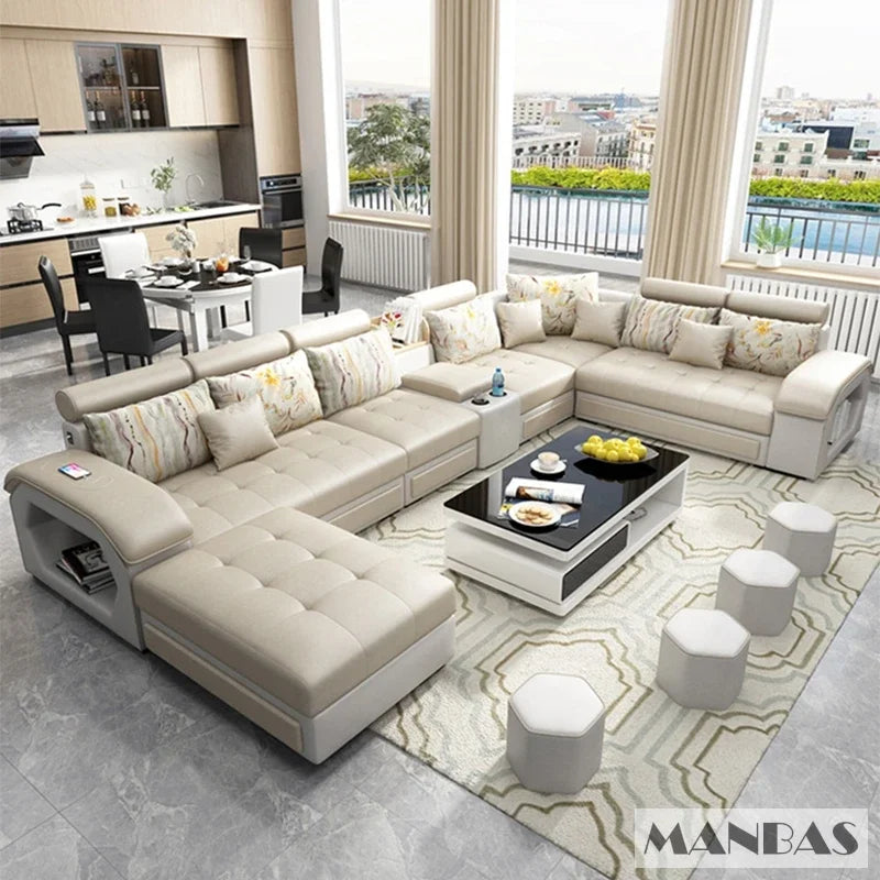 Linlamlim U Shape Fabric Sofa Set With USB Ports And Stools