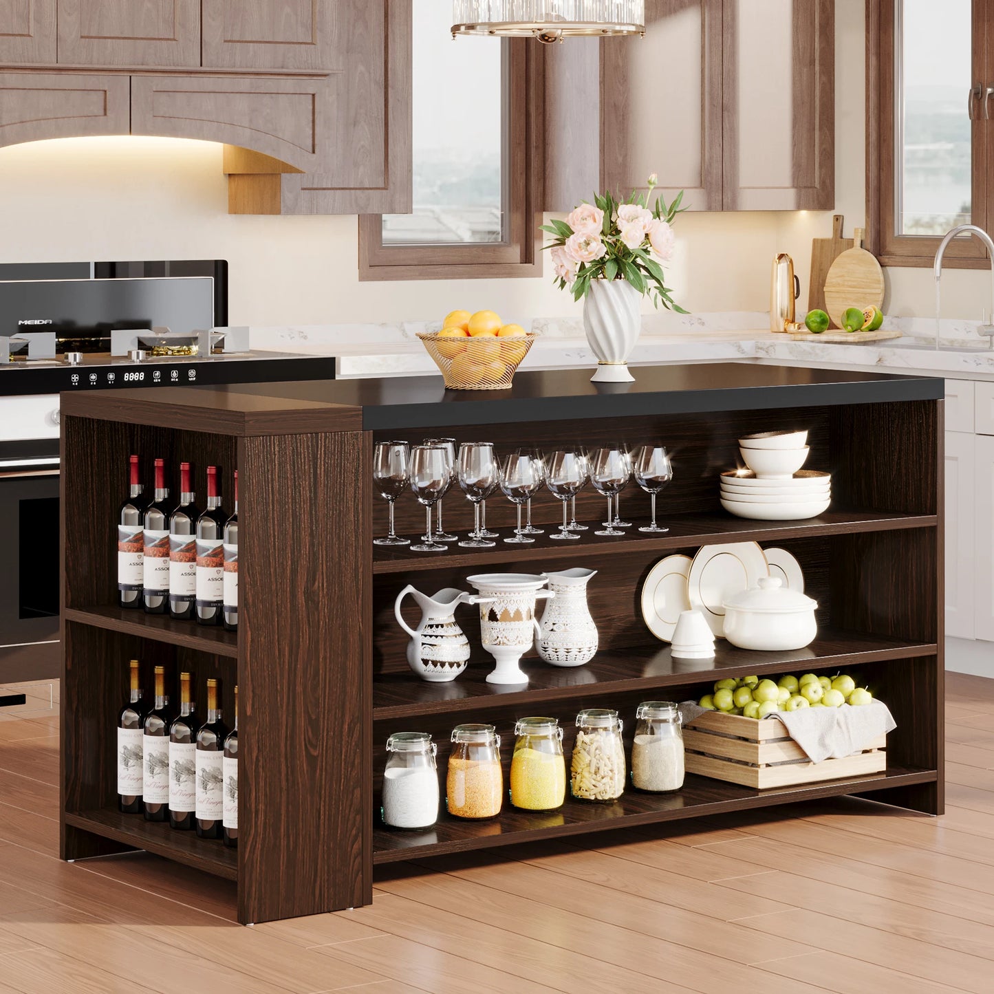 Tribesigns Farmhouse Kitchen Island with Storage and 5-Tier Shelves