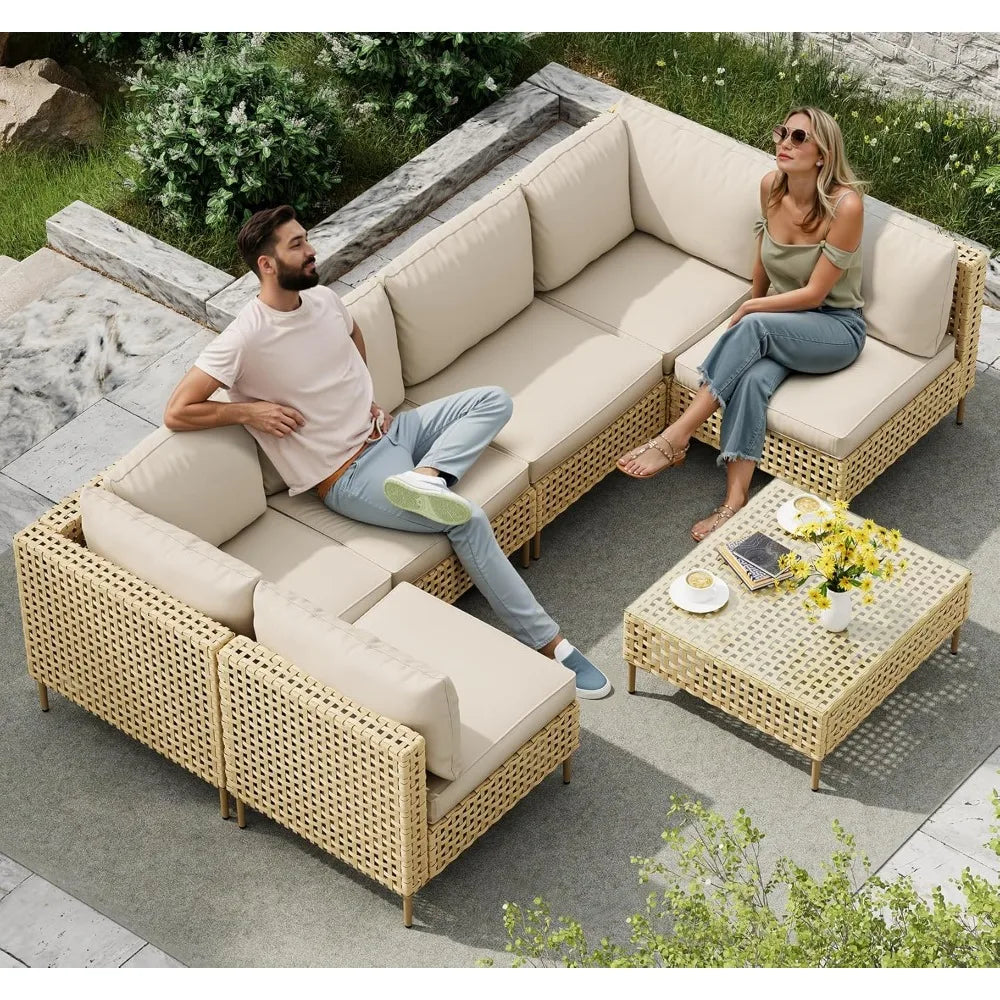 7-Piece Wicker Outdoor Patio Furniture Set, Modular Rattan Outdoor Furniture, Patio Conversation Sets Outdoor Sectionals Sofa,