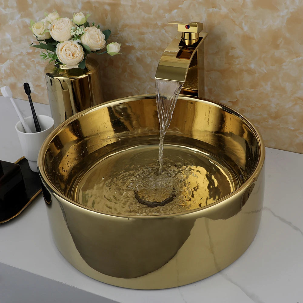 KEMAIDI Round Vessel Sink With Faucet Ceramic Bathroom Set
