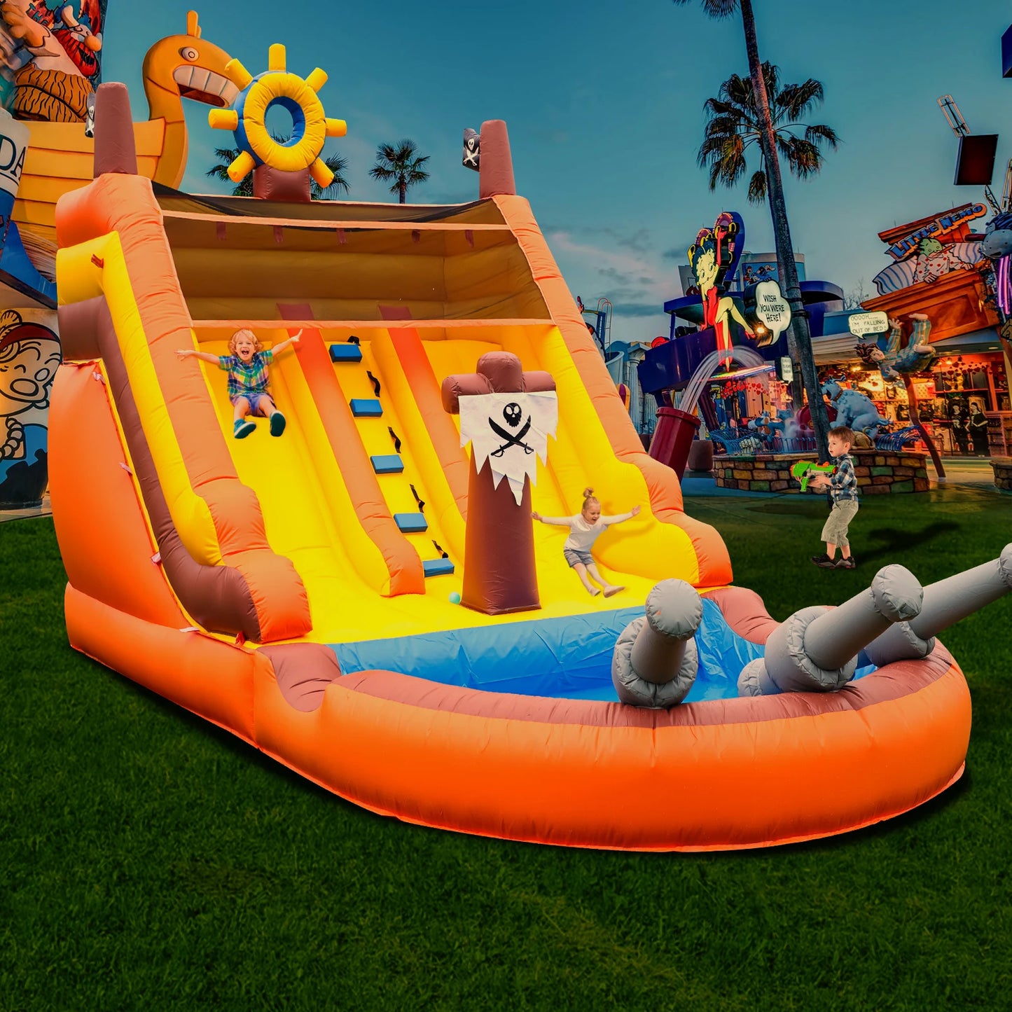 Inflatable pirate boat Outdoor Sildes Air Bounce Water amusement Play Equipment Inflatble Water Double Slide Bubble Ball Pit