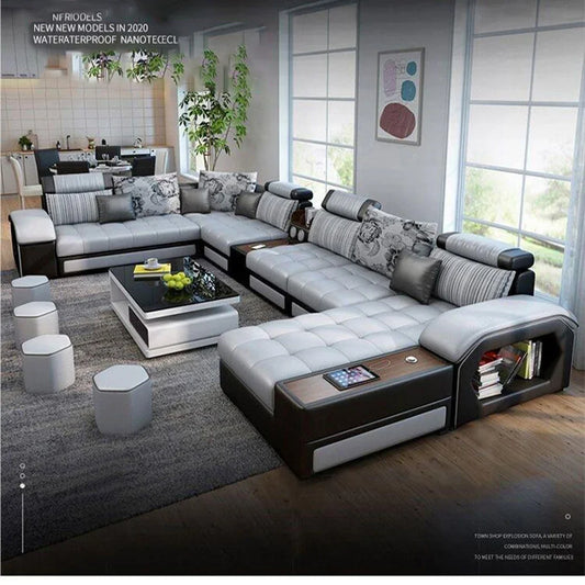 MANBAS U Shaped Sectional Fabric Sofa With Storage Built In Side Tables USB