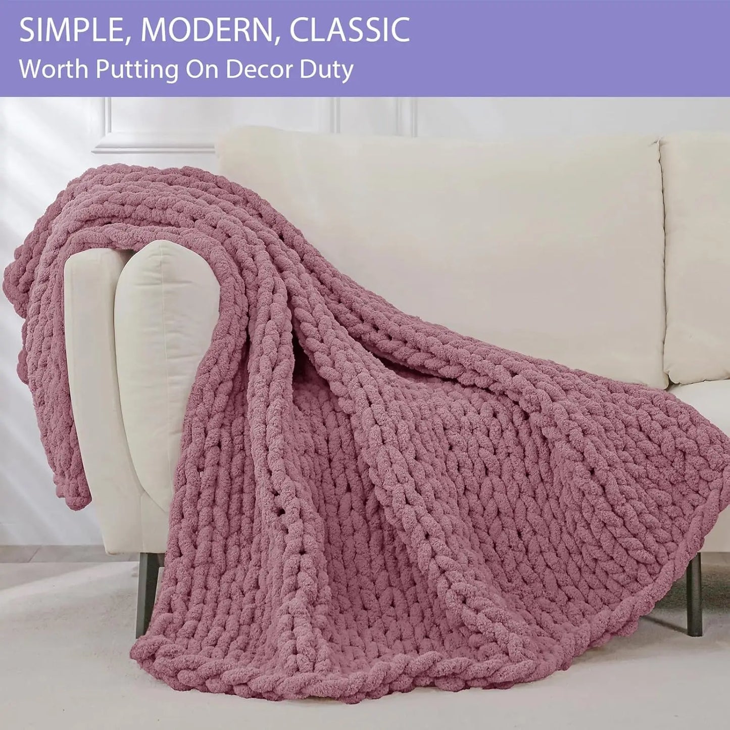 Chunky Knit Throw Blanket, 40x60 Inches, Handmade with Soft Chenille Yarn for Couch and Bed in Burnt Rose