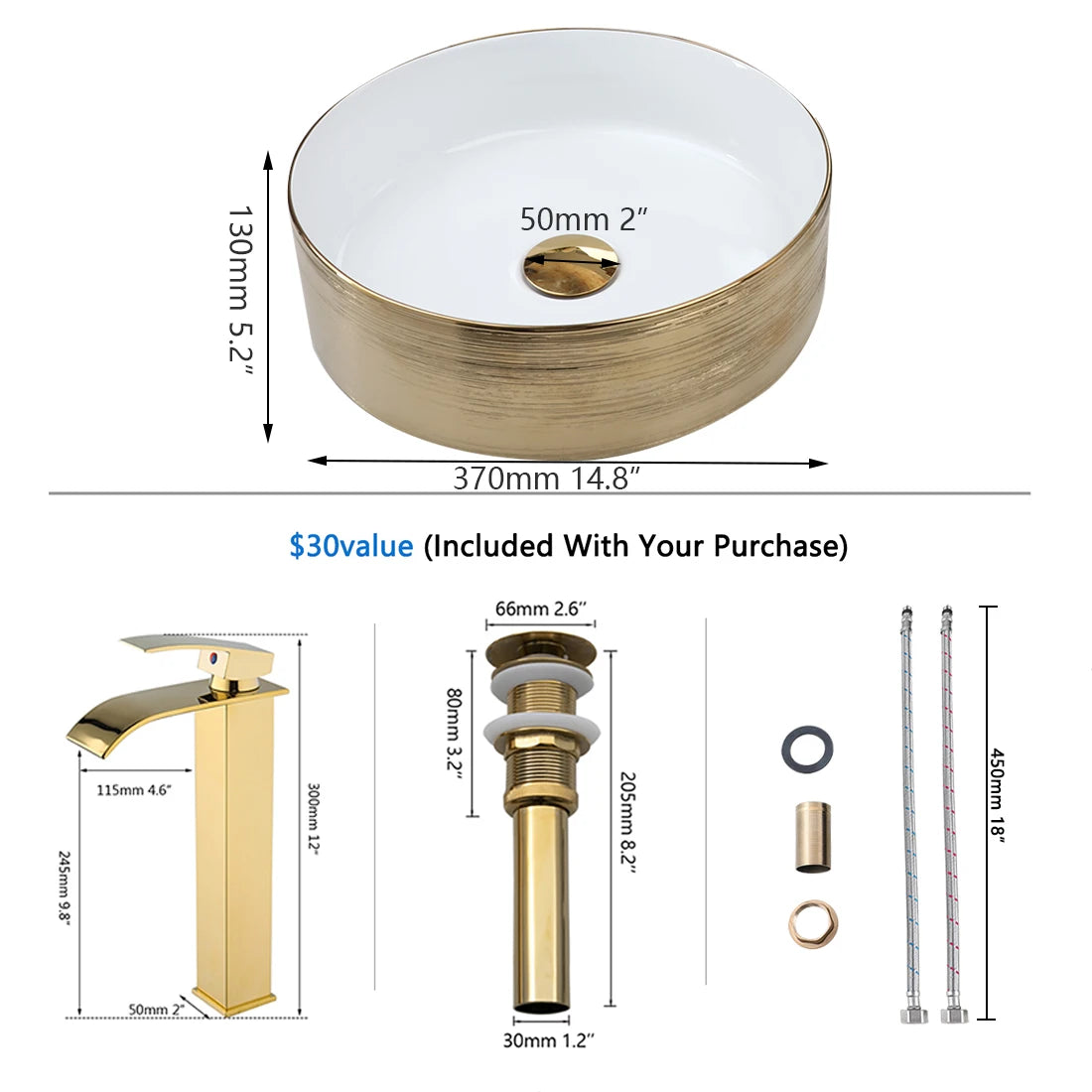 KEMAIDI Ceramic Vessel Sink With Faucet Above Counter Bathroom