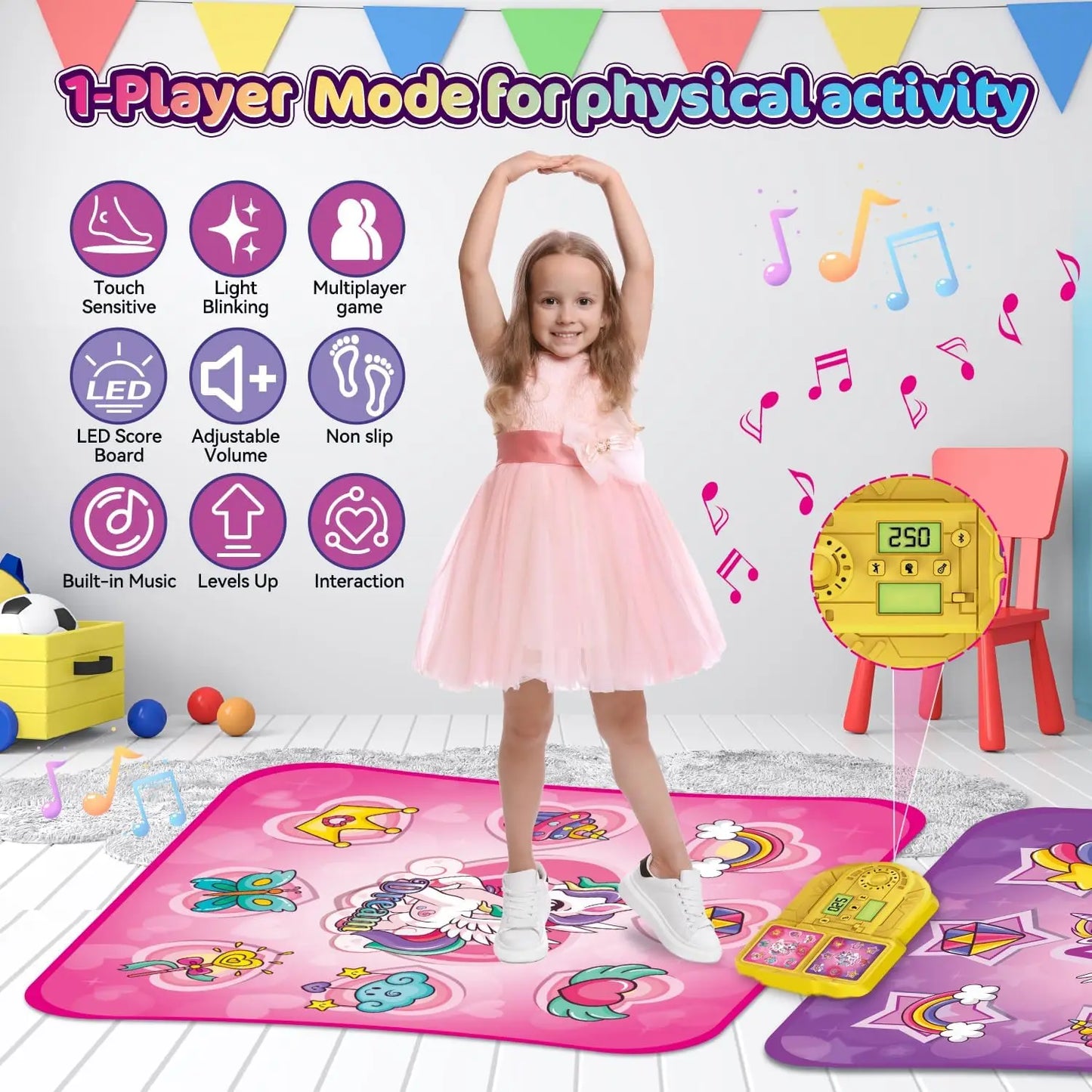 VATOS Unicorn Dance Mat 9 Level Dancing Game For Kids Indoor Outdoor