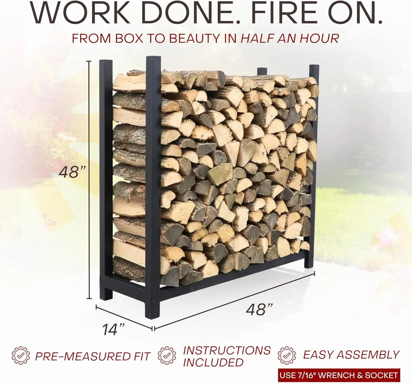 4 Foot Heavy Duty Indoor Outdoor,1/4 Cord Firewood Storage Log Rack With Seasoning Cover Combo Set - Metal Log Storage,48” x 48”