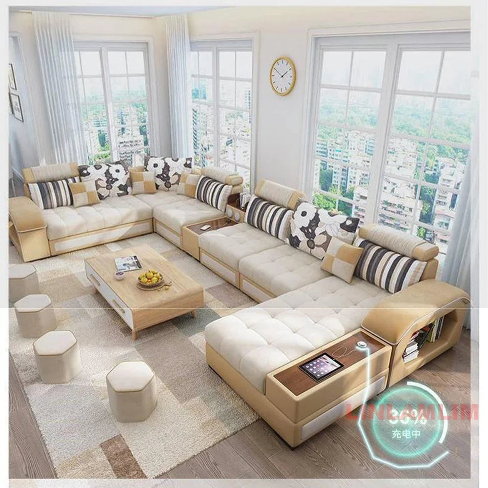 MANBAS U Shaped Sectional Fabric Sofa With Storage Built In Side Tables USB