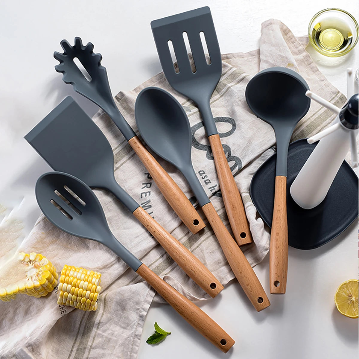 HELOTIC Silicone Utensil Set With Storage Stand 6 To 7