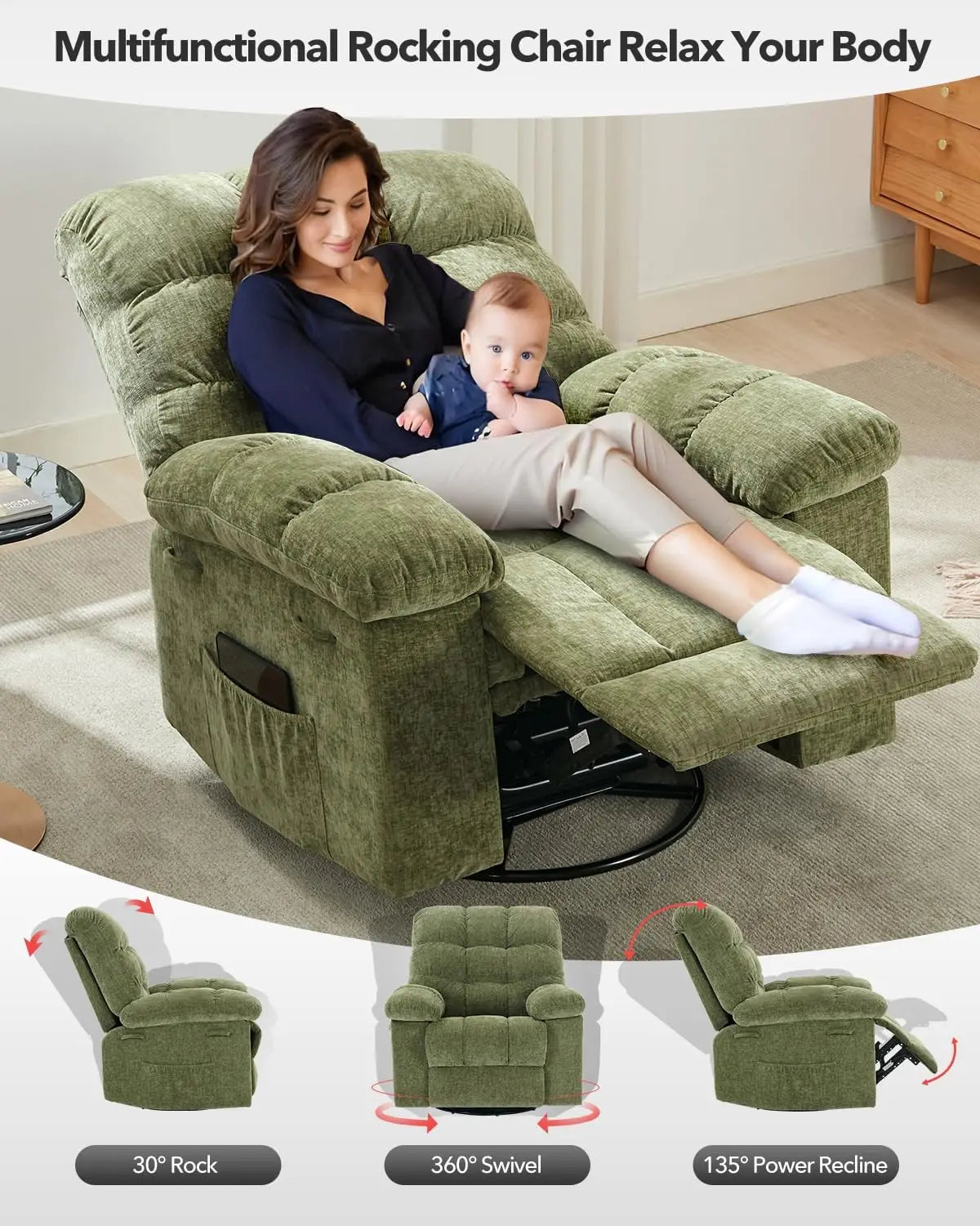 HiMISS Rocker Recliner Chair for Adults Overstuffed Manual Glider Sofa