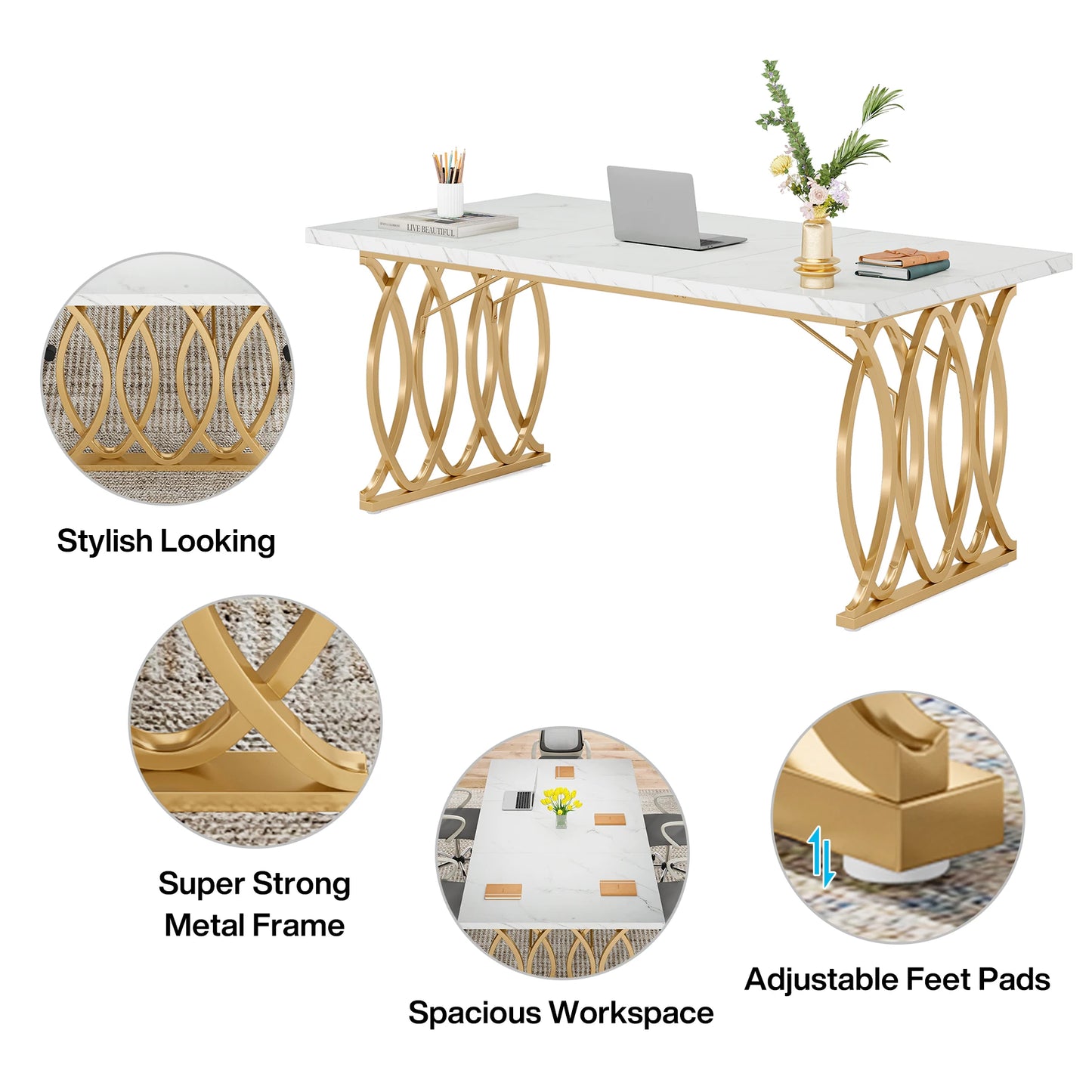 Tribesigns Modern Executive Wooden Office Desk With Gold Metal Legs