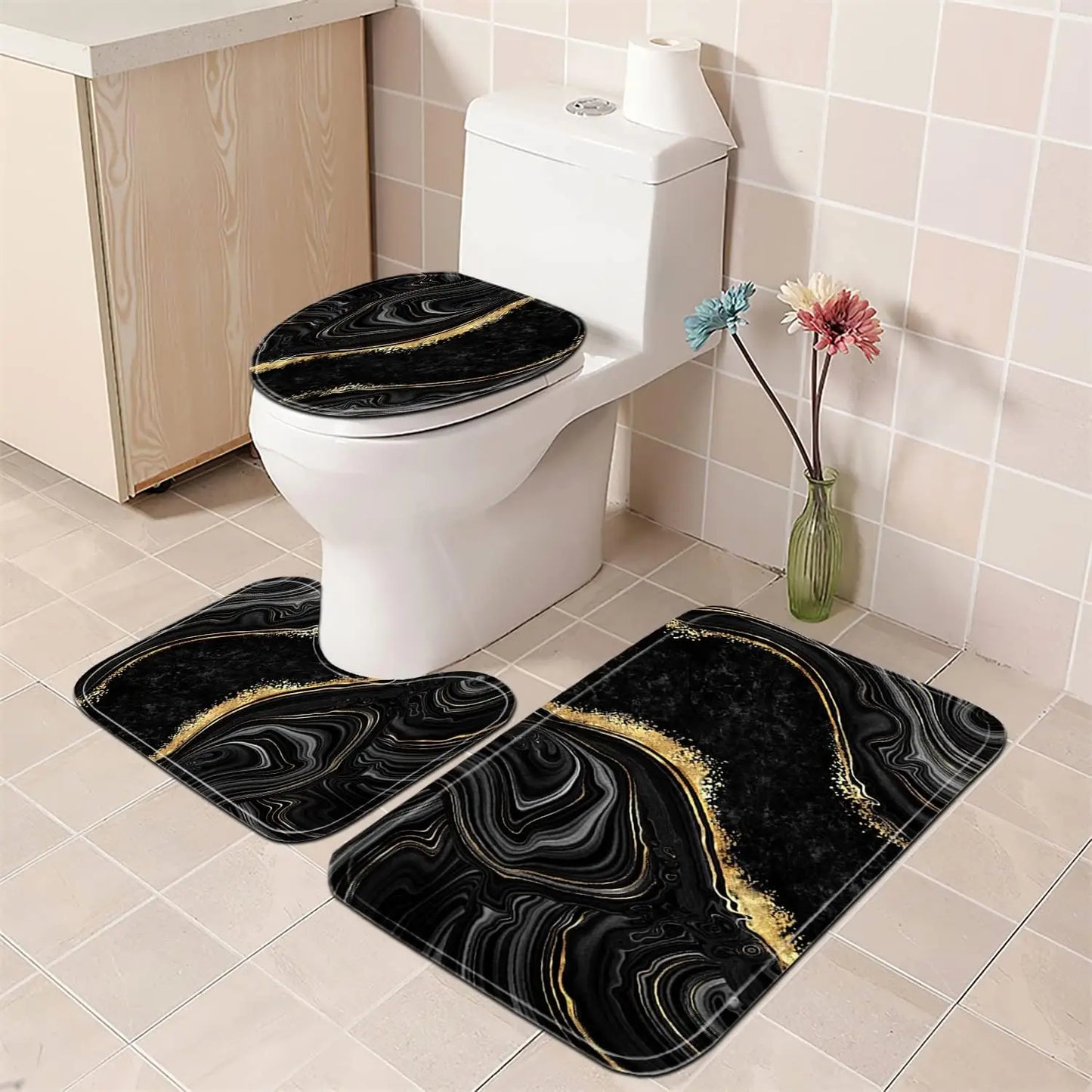 4-Piece Black Marble Shower Curtain Set with Gold Rugs, Modern Abstract Bathroom Decor Accessories for Toilet and Floor