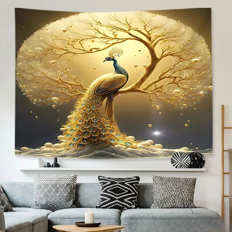 Golden Peacock Wall Tapestry Dreamy Tree And Feather Art