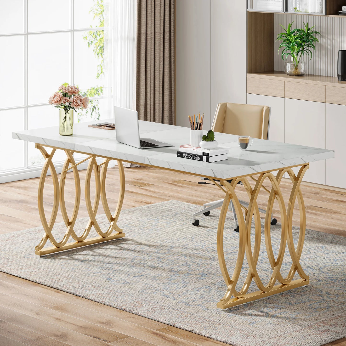 Tribesigns Modern Executive Wooden Office Desk With Gold Metal Legs