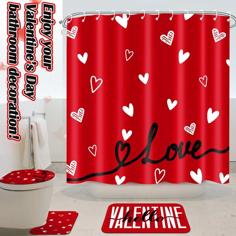 4 Pcs Valentines Day Shower Curtain Set, Non Slip Rugs Toilet Lid Cover U Shape Bath Mat and 12 Hooks Love Heart Shape Red Bathr