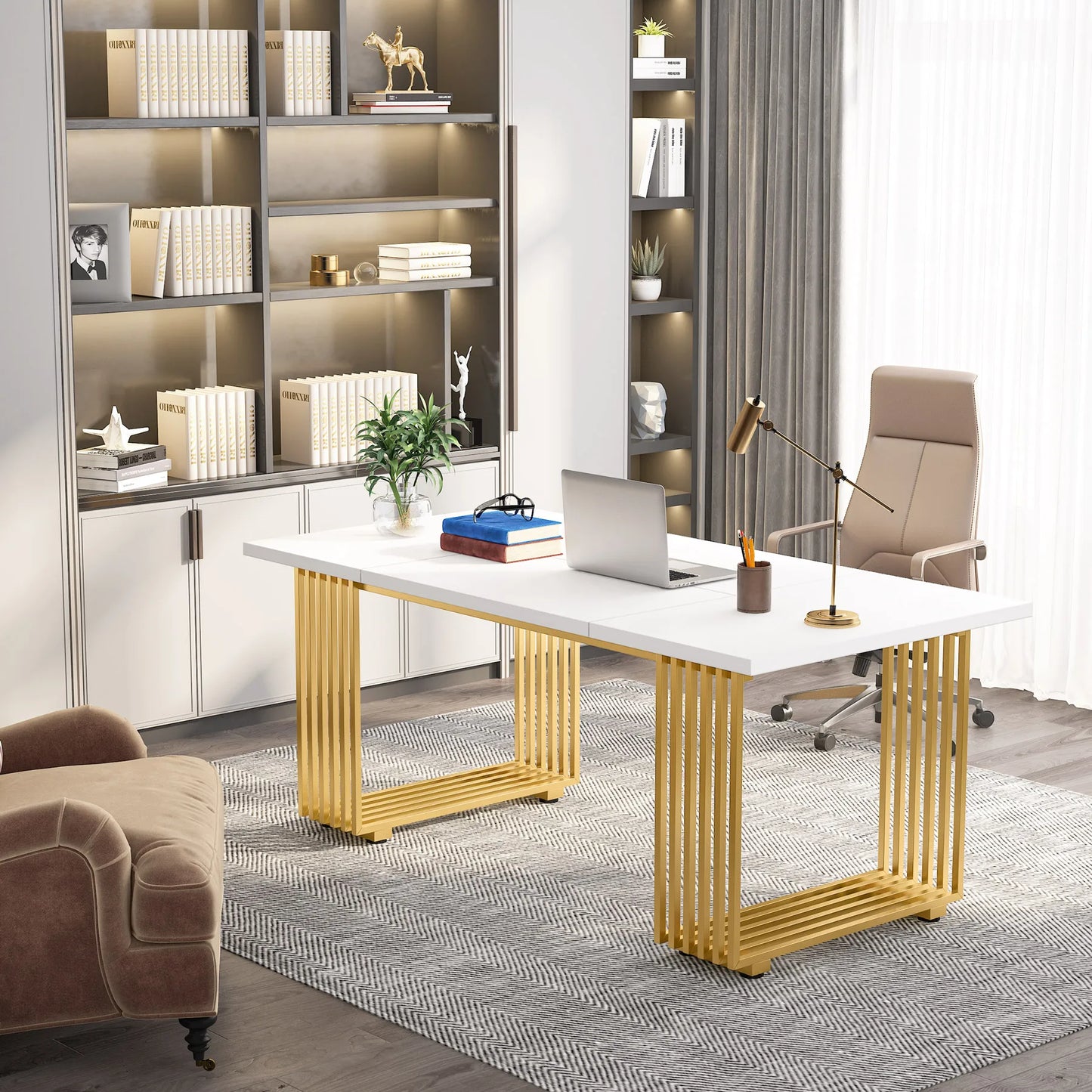 Tribesigns Modern Executive Wooden Office Desk With Gold Metal Legs