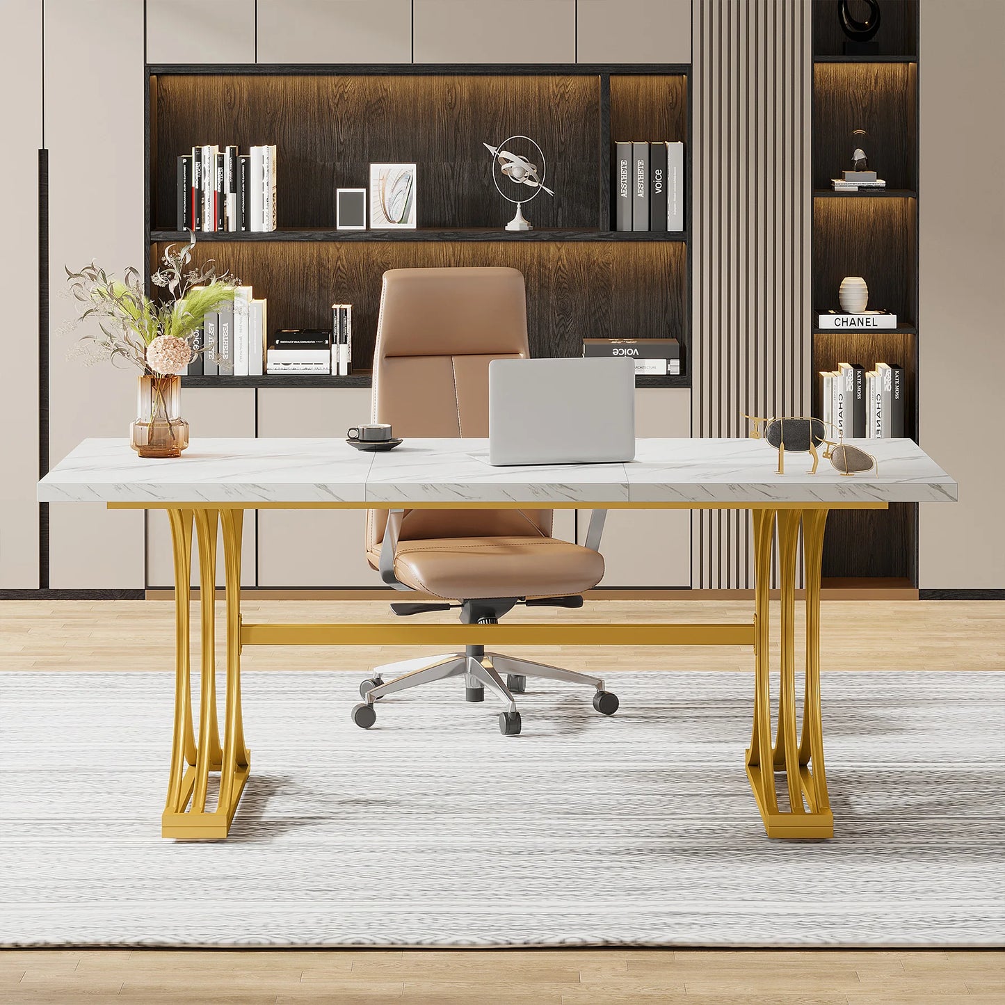 Tribesigns Modern Executive Wooden Office Desk With Gold Metal Legs