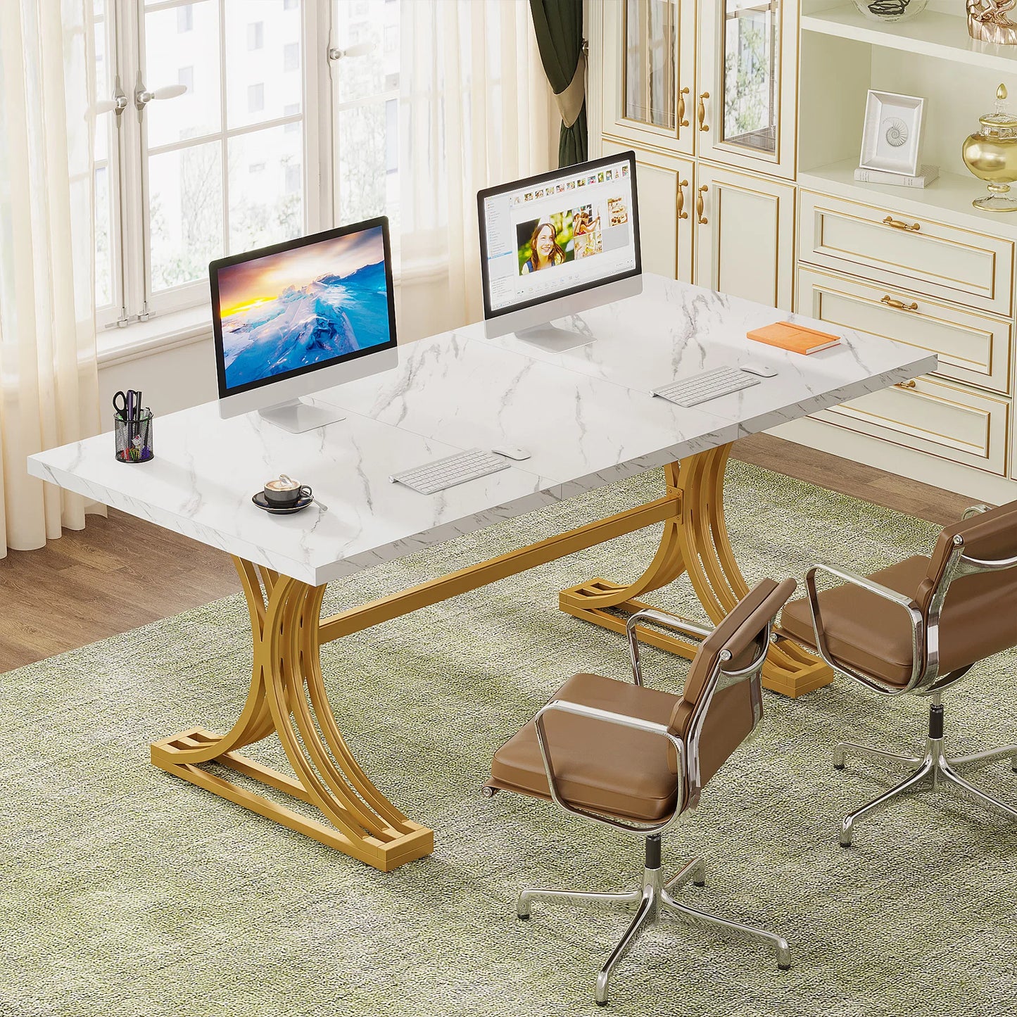 Tribesigns Modern Executive Wooden Office Desk With Gold Metal Legs