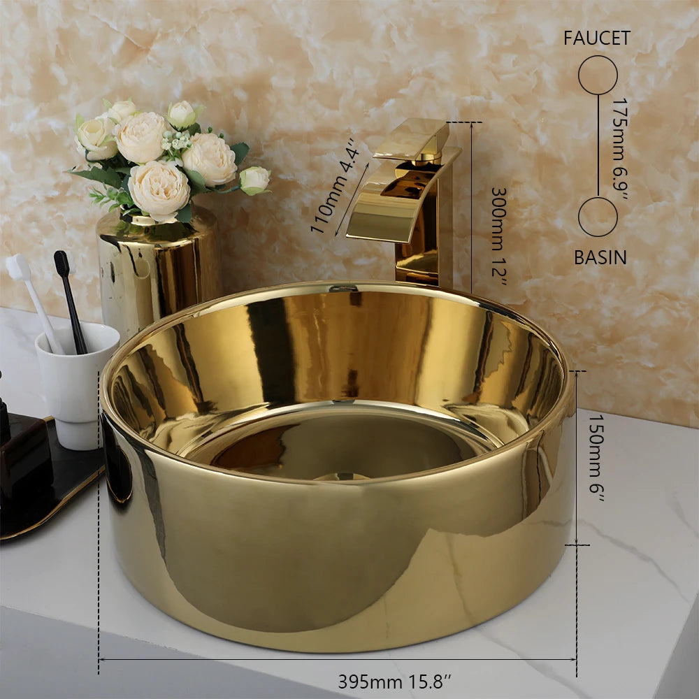 KEMAIDI Round Vessel Sink With Faucet Ceramic Bathroom Set