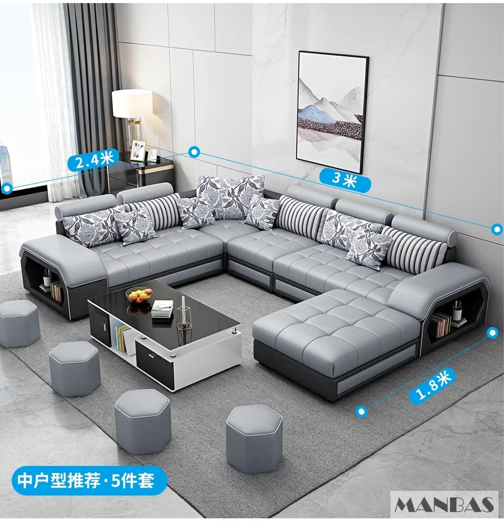 Linlamlim U Shape Fabric Sofa Set With USB Ports And Stools
