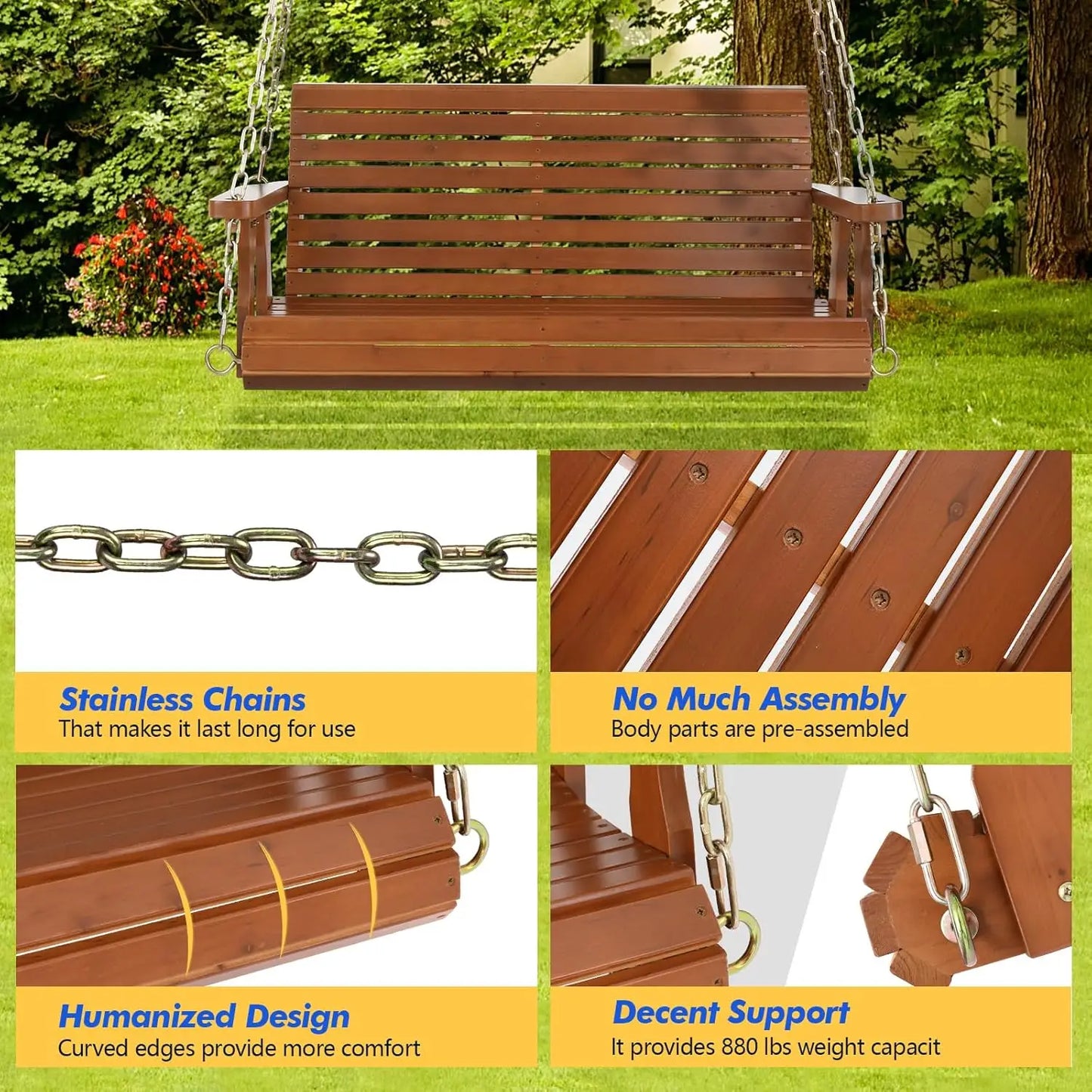 Upgraded Patio Wooden Porch Swing for Courtyard & Garden, Heavy Duty 880 LBS Swing Chair Bench with Hanging Chains, Customized
