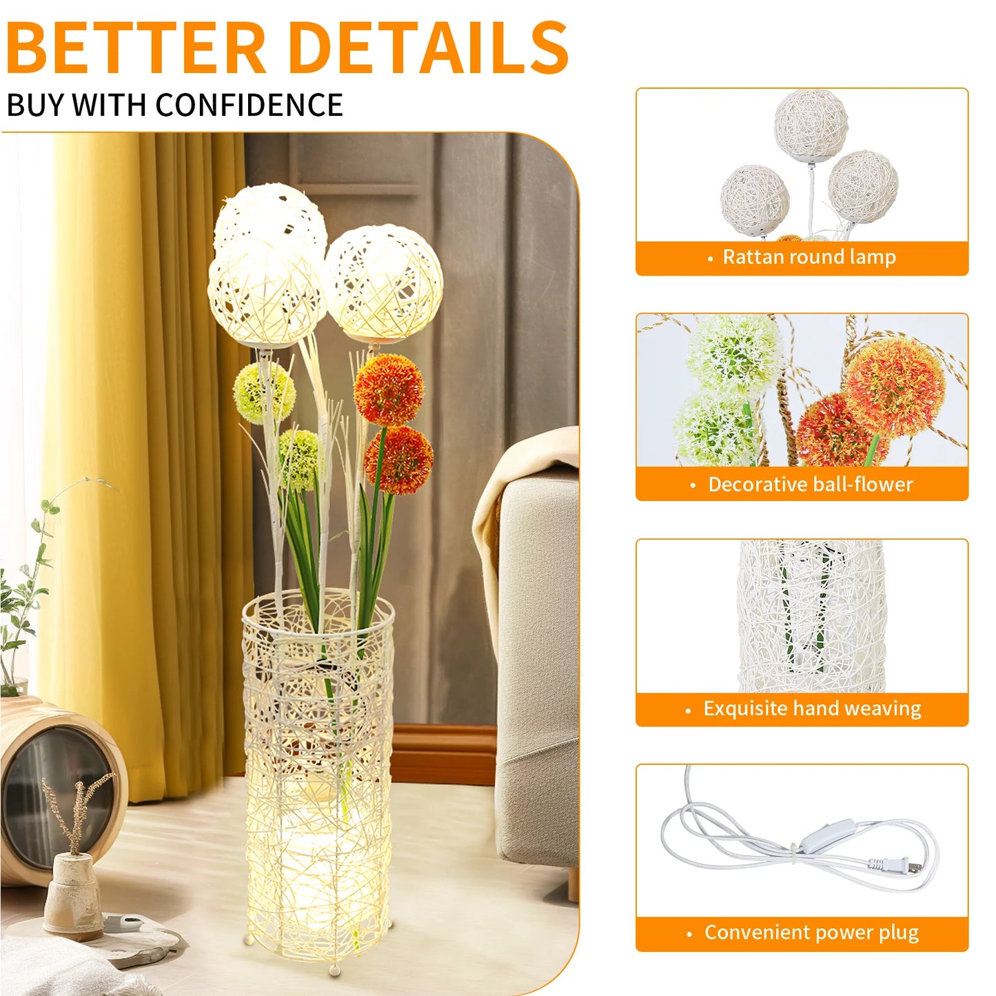 Vrygle Handwoven Modern Floor Lamp for Living Room and Bedroom