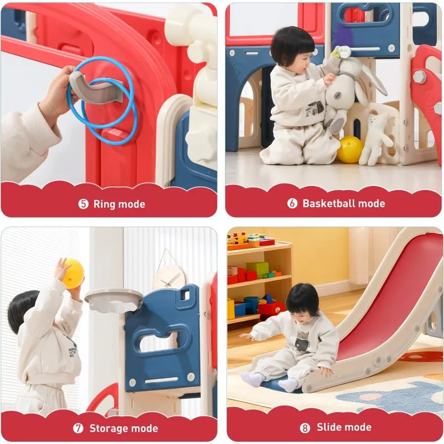 11 in 1 Toddler Playset with Telescope Playground for Ages 1-3 Red Indoor Outdoor Climber Slide Basketball Hoop Tunnel Crawl To