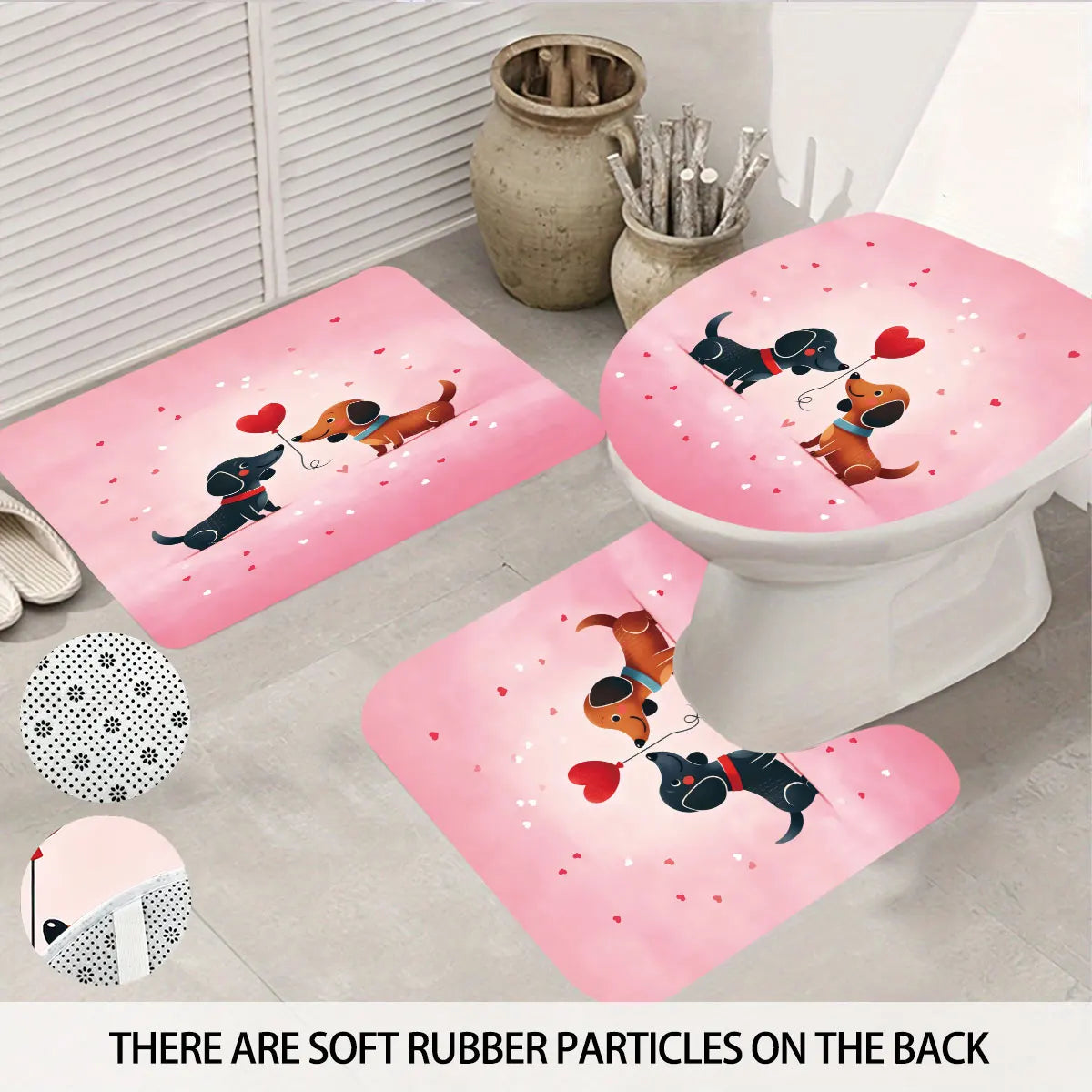 4pcs Valentine's Day Pink Romantic Sausage Dog Print Bathroom Set Waterproof Shower Curtain Floor Mat U-shaped Toilet Mat
