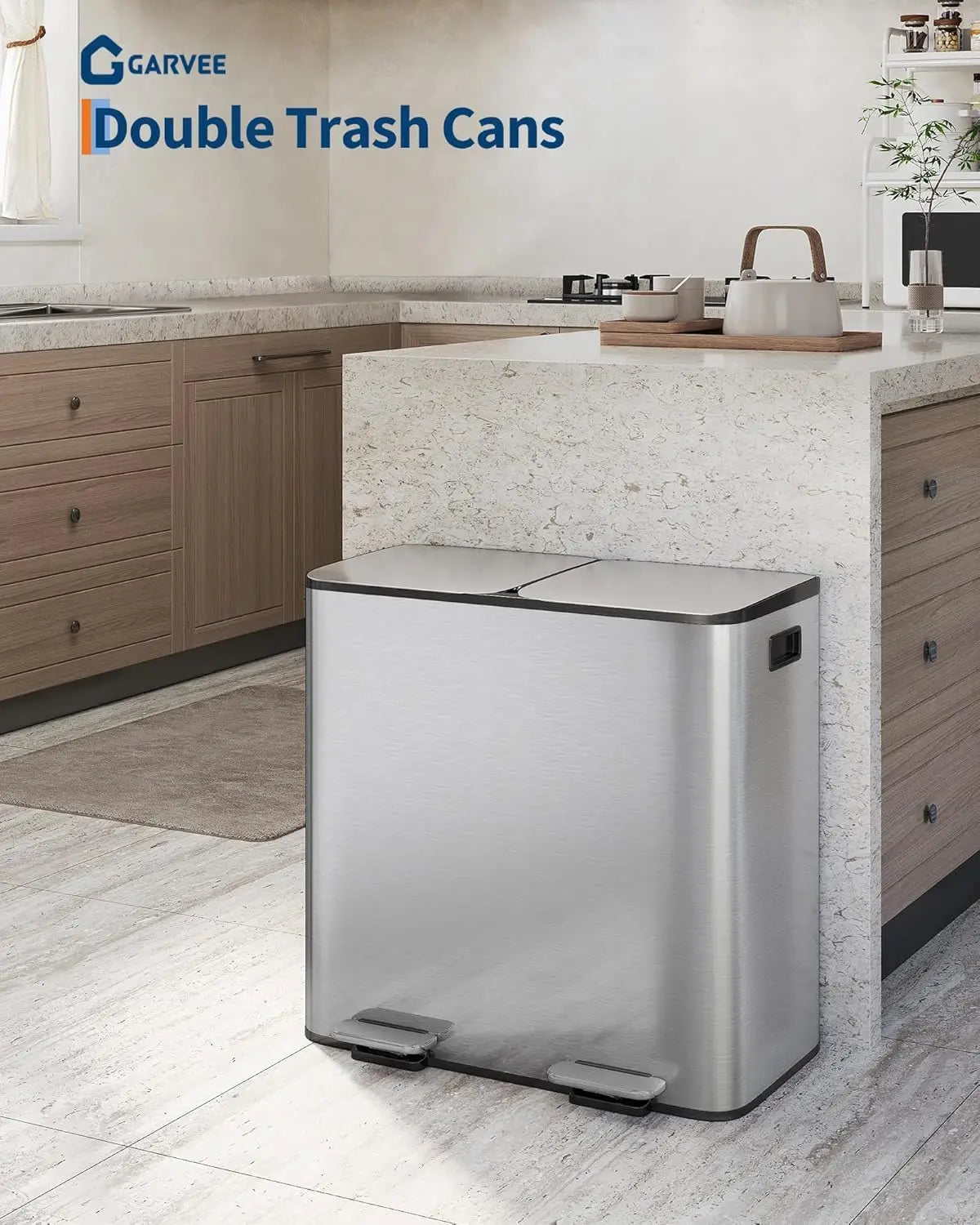 Kitchen Step Trash Bin 2 x 10.6 gal (2 x 40 L) Garbage Can for Dual Compartment Recycling Stainless Steel Trash and Recycle Bin