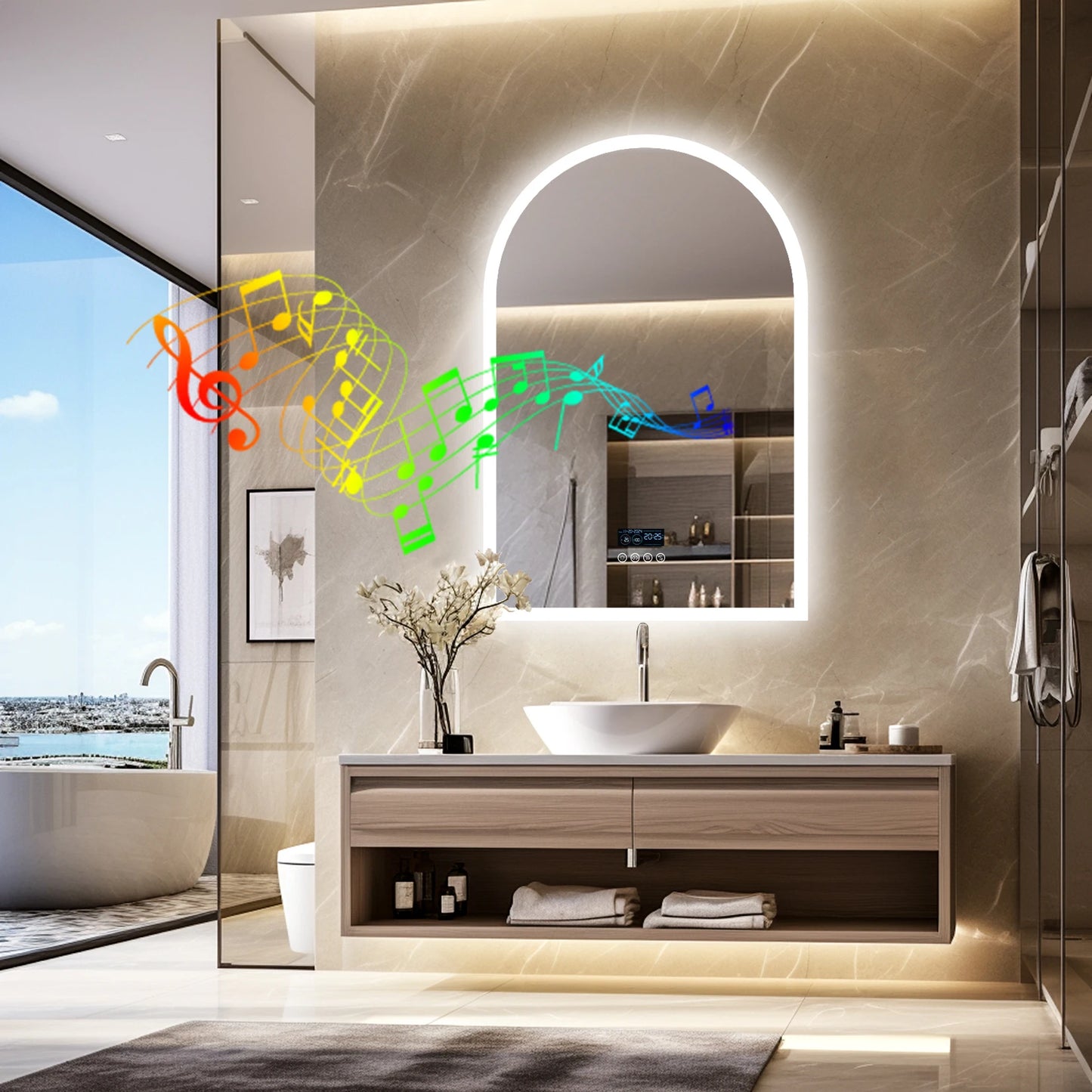 LED Lighted Bathroom Mirror with Bluetooth Speaker Smart LED Vanity Makeup Wall Mounted Mirrors 3 Lights Setting Anti-Fog RBG