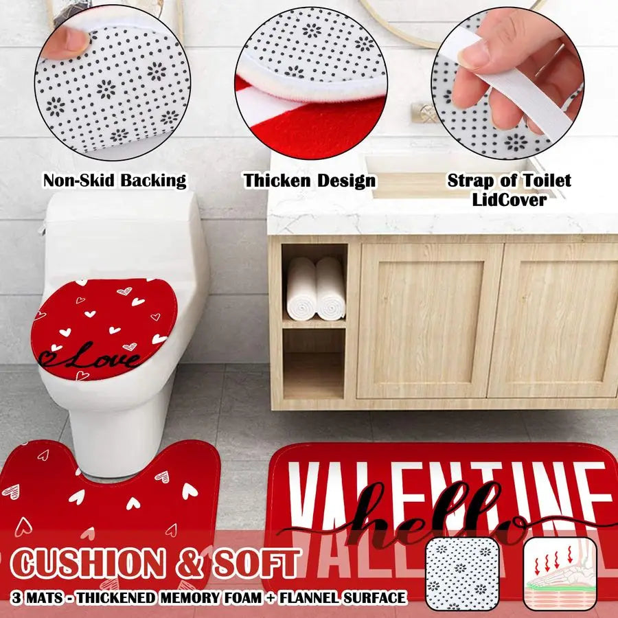 4 Pcs Valentines Day Shower Curtain Set, Non Slip Rugs Toilet Lid Cover U Shape Bath Mat and 12 Hooks Love Heart Shape Red Bathr