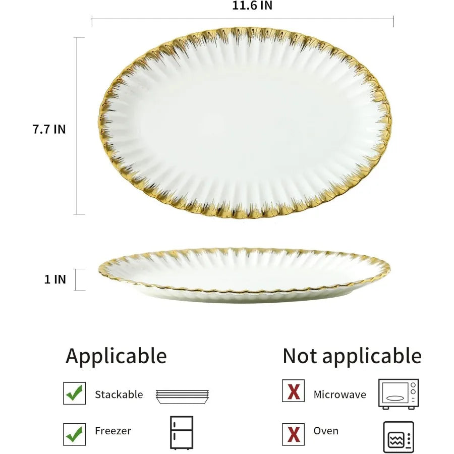 Porcelain Ceramic Oval Serving Platters With Gold Trim For Entertaining