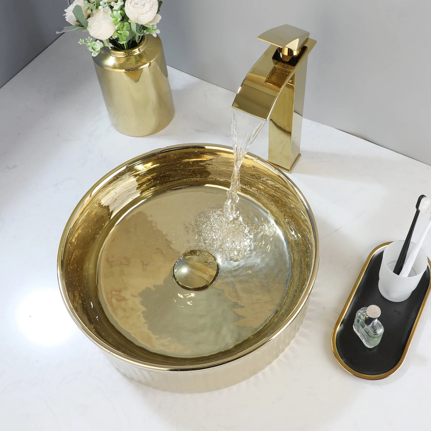 KEMAIDI Round Vessel Sink With Faucet Ceramic Bathroom Set