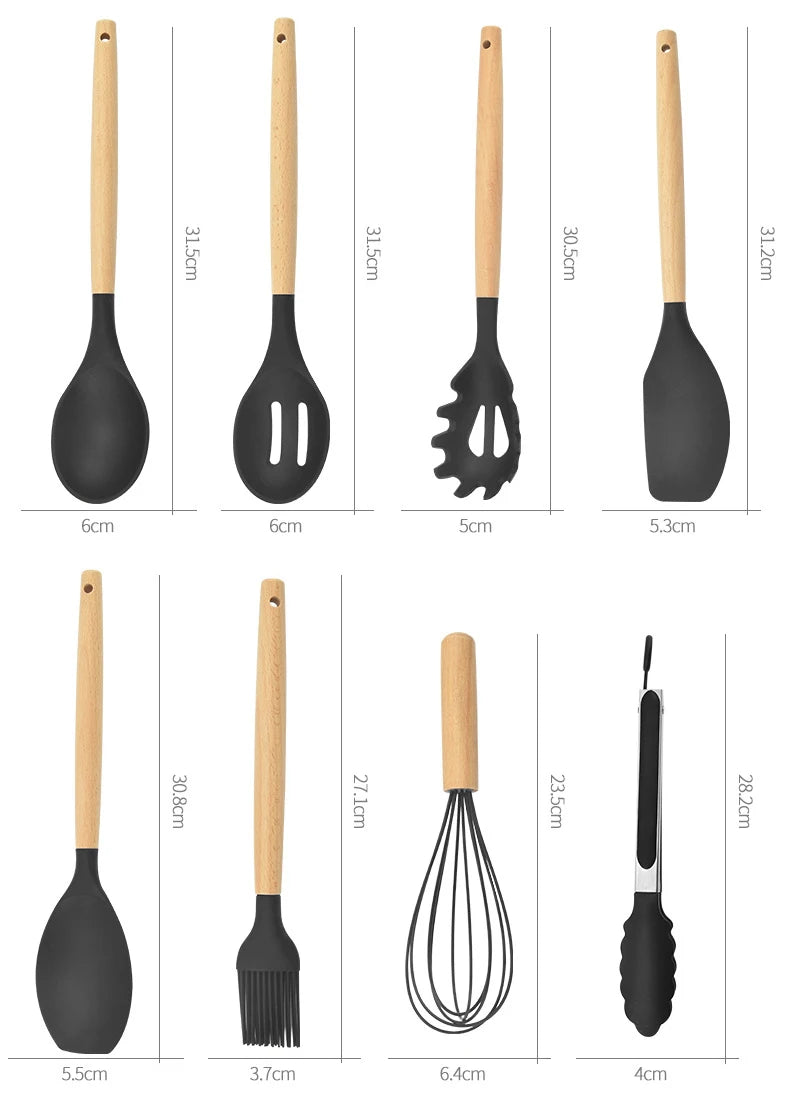 AJOYOUS Silicone Utensil Set 12Pc Spatula Shovel Egg Beater Wood Handle