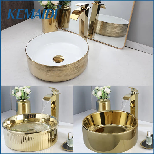 KEMAIDI Ceramic Vessel Sink With Faucet Above Counter Bathroom