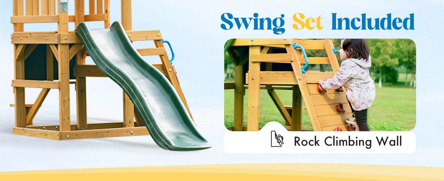 Robotime Robud Wooden Swing Set with Dual Swings Slide Rock Climbing Wall Chalkboard Telescope Fort for Backyard Fun for Kids