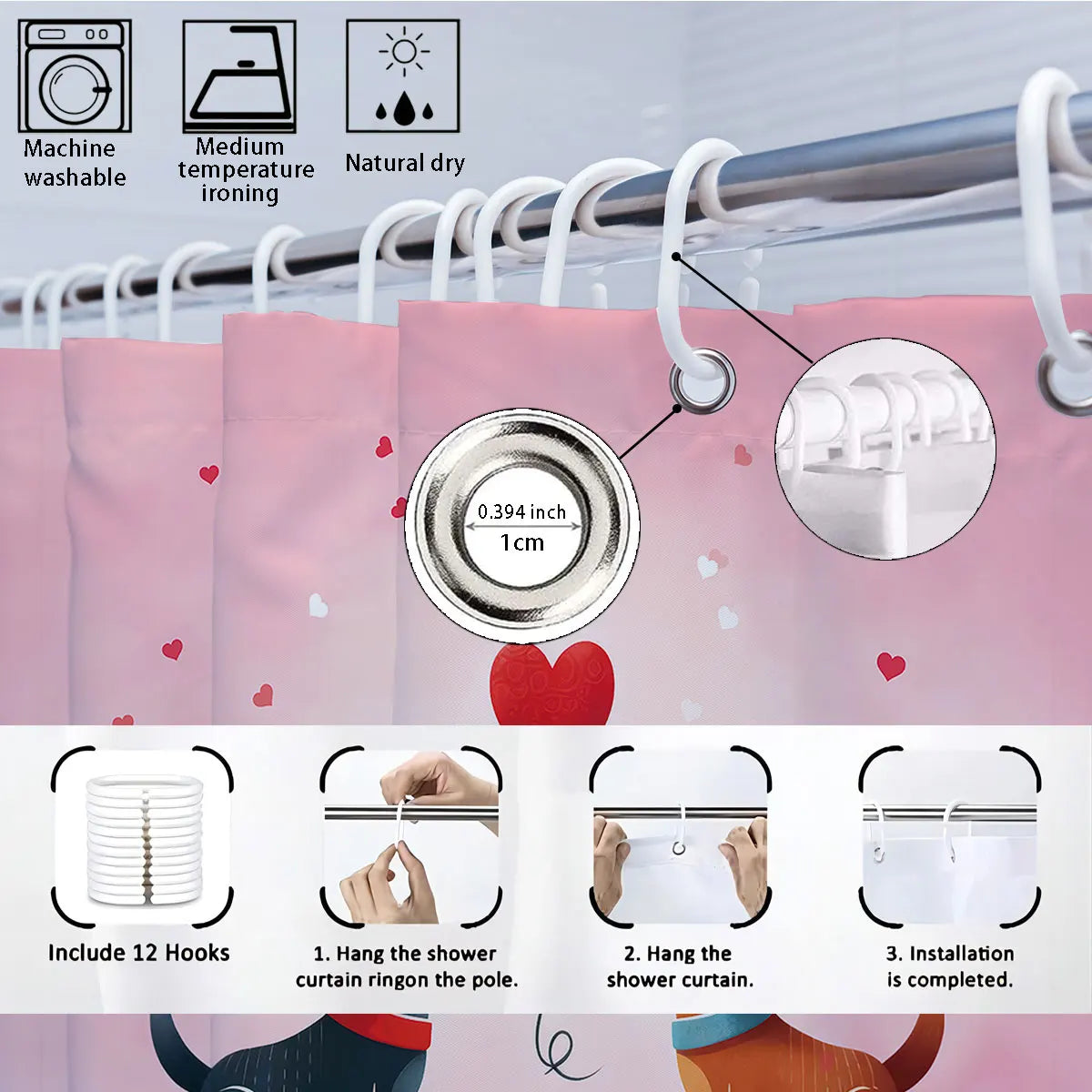 4pcs Valentine's Day Pink Romantic Sausage Dog Print Bathroom Set Waterproof Shower Curtain Floor Mat U-shaped Toilet Mat