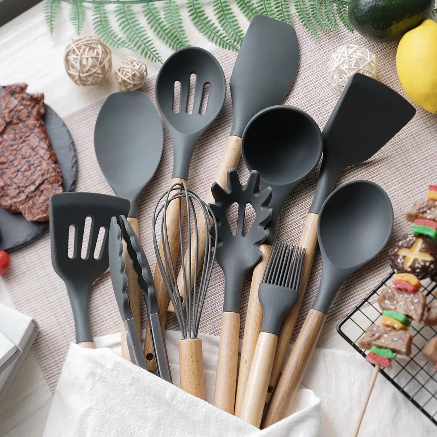 AJOYOUS Silicone Utensil Set 12Pc Spatula Shovel Egg Beater Wood Handle