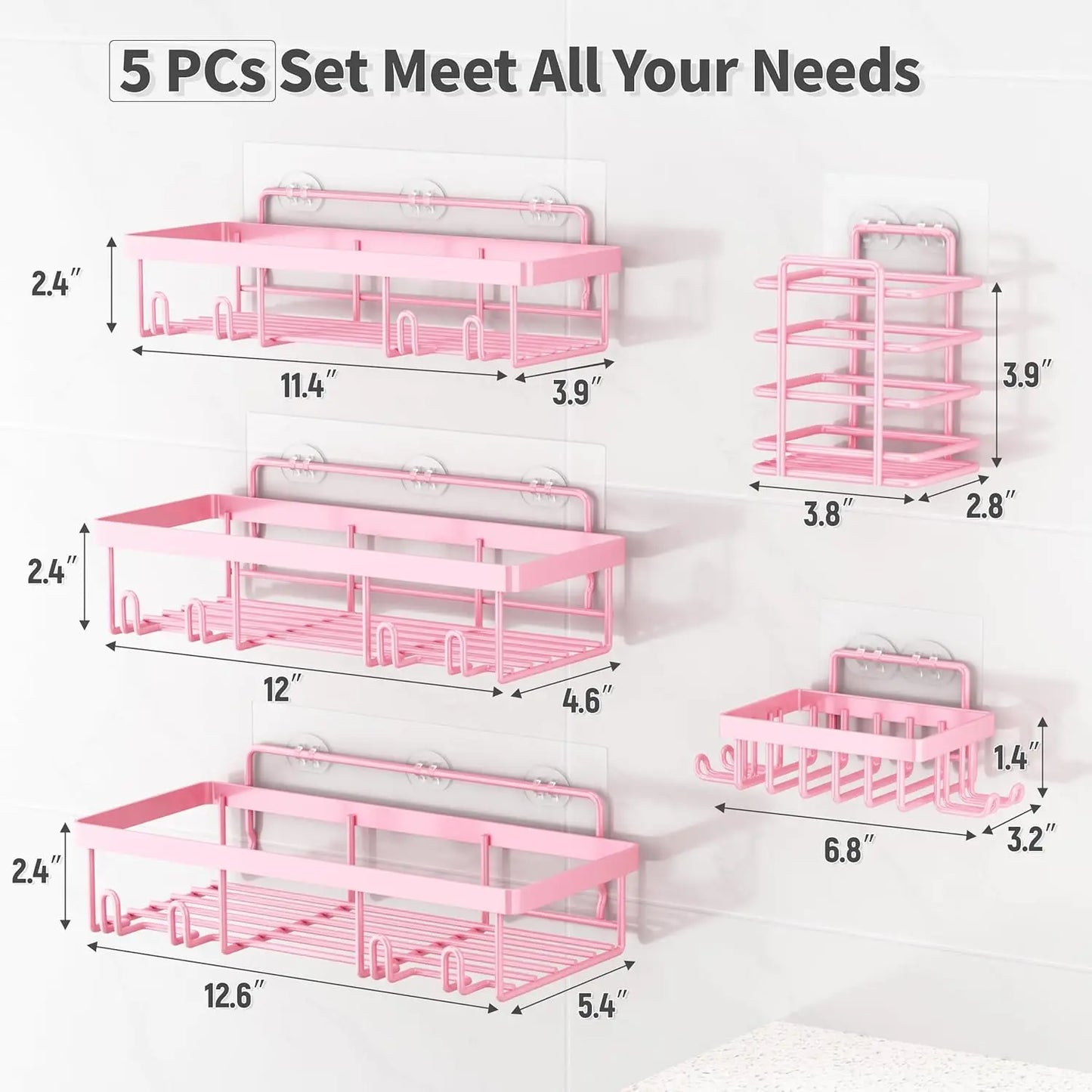 5-Pack Shower Caddy Organizer, Adhesive Pink Wall Shelf, Rustproof Stainless Steel Shampoo Holder