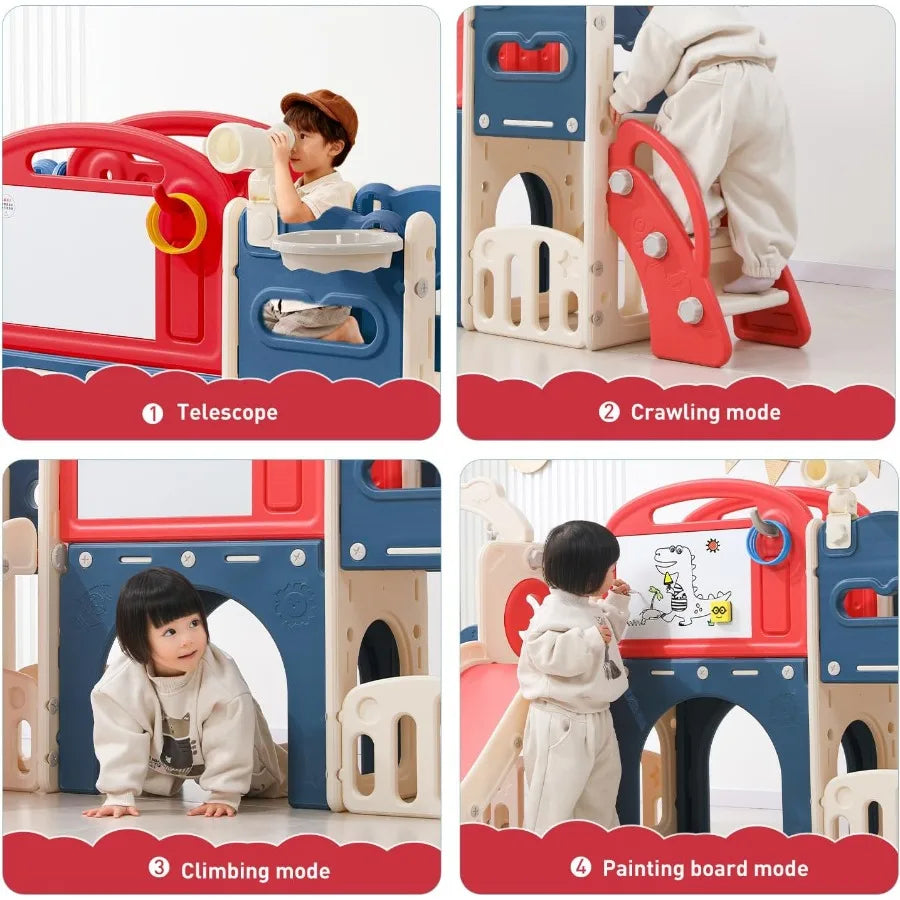 11 in 1 Toddler Playset with Telescope Playground for Ages 1-3 Red Indoor Outdoor Climber Slide Basketball Hoop Tunnel Crawl To