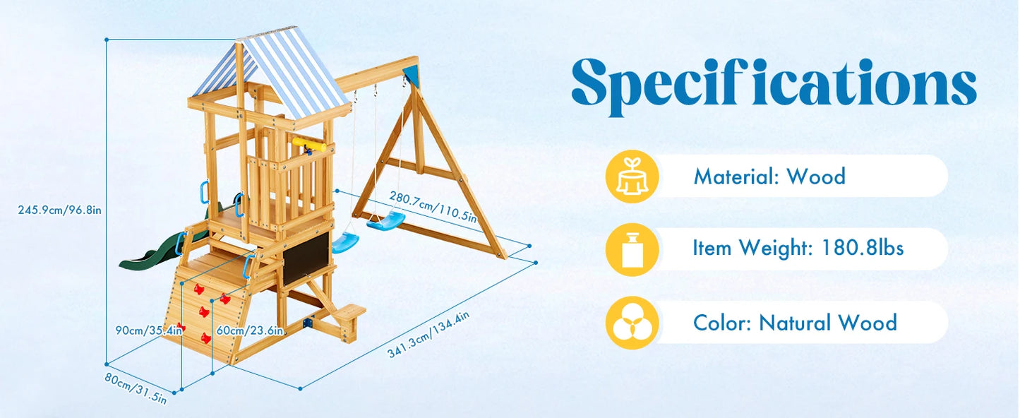 Robotime Robud Wooden Swing Set with Dual Swings Slide Rock Climbing Wall Chalkboard Telescope Fort for Backyard Fun for Kids