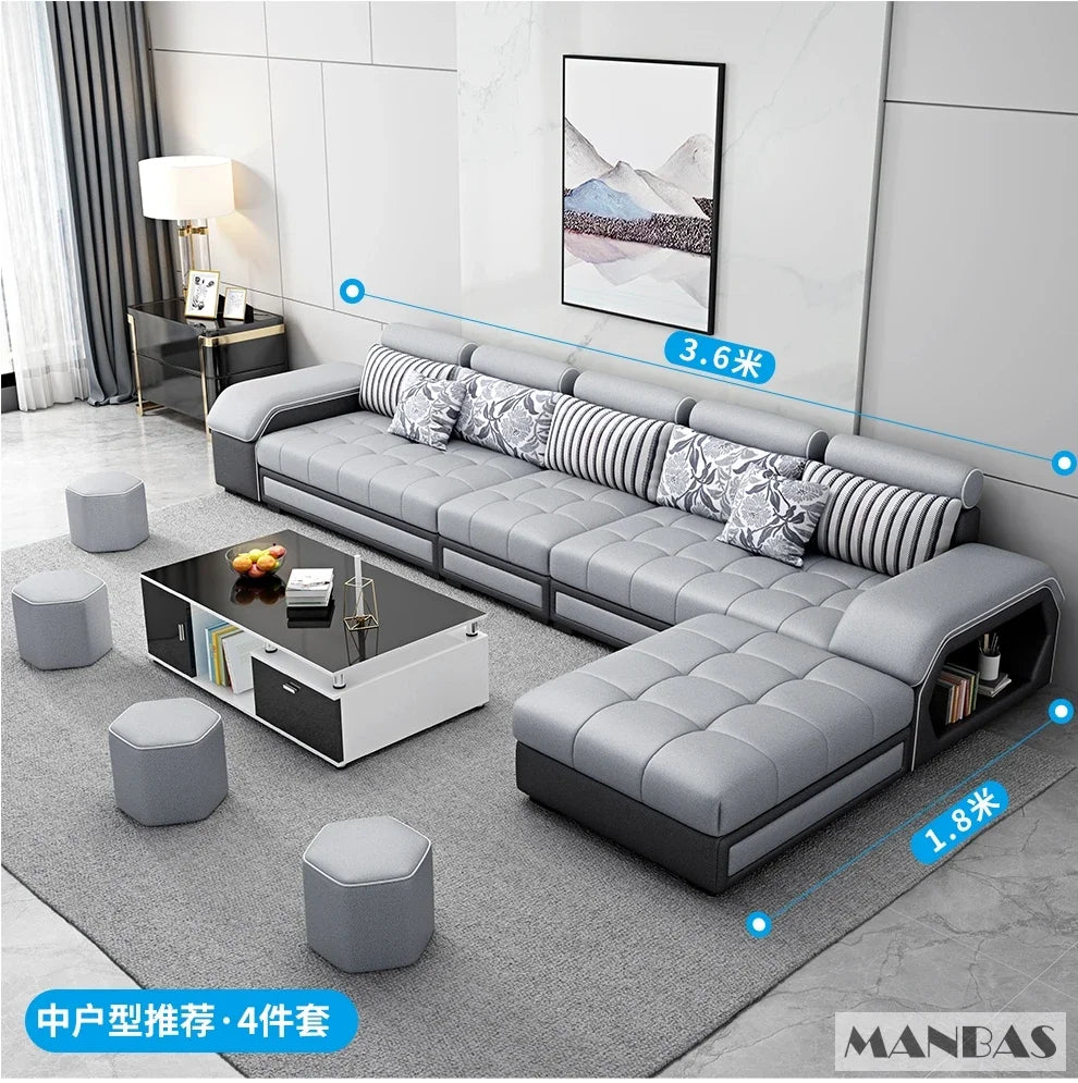 Linlamlim U Shape Fabric Sofa Set With USB Ports And Stools