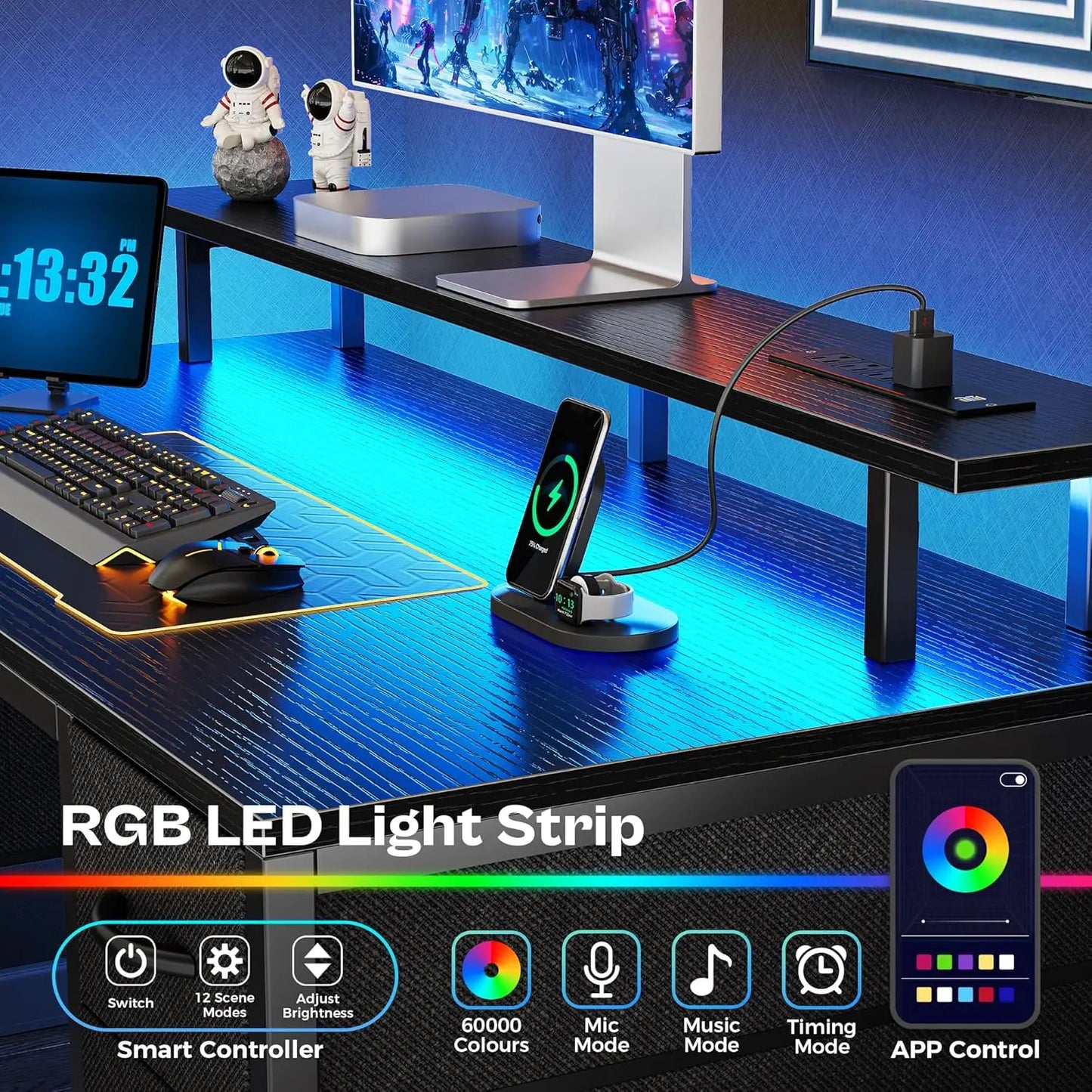 47-Inch Gaming Desk with LED Lights, Power Outlets, and 4 Drawers for Home Office and Bedroom Use in Black