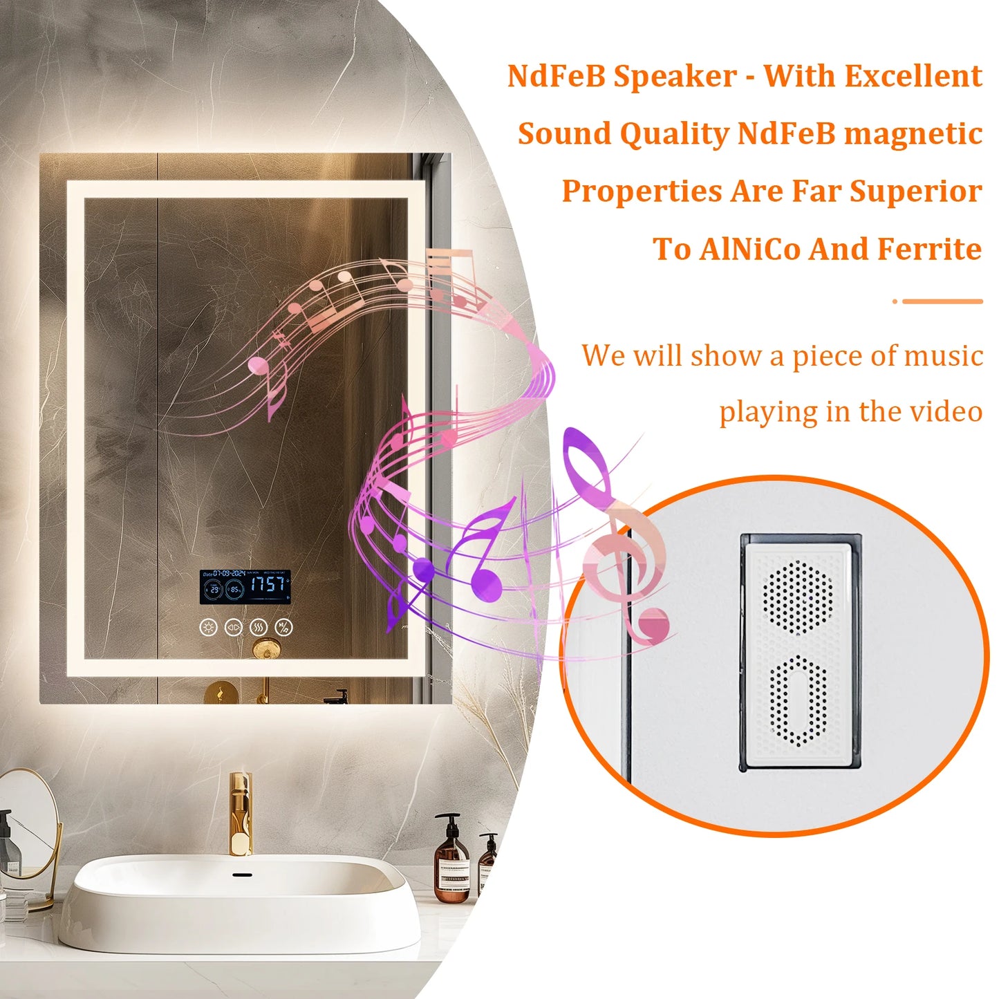 LED Lighted Bathroom Mirror with Bluetooth Speaker Smart LED Vanity Makeup Wall Mounted Mirrors 3 Lights Setting Anti-Fog RBG
