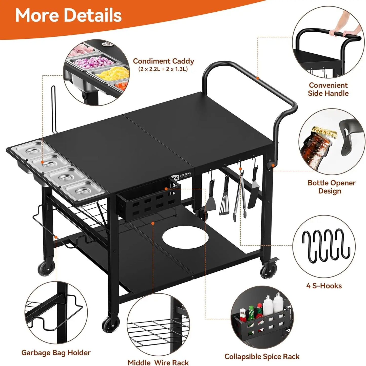 Universal Outdoor Pizza Oven Cart with Wheels, Heavy-Duty Steel Frame, Spice Rack & Storage for BBQ Prep