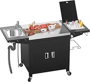 Grill Table with Sink, Outdoor Bar Cart Grill Station, Modular Outdoor Kitchen Island with 100-Gallon Storage Cabinet, 304 Stain
