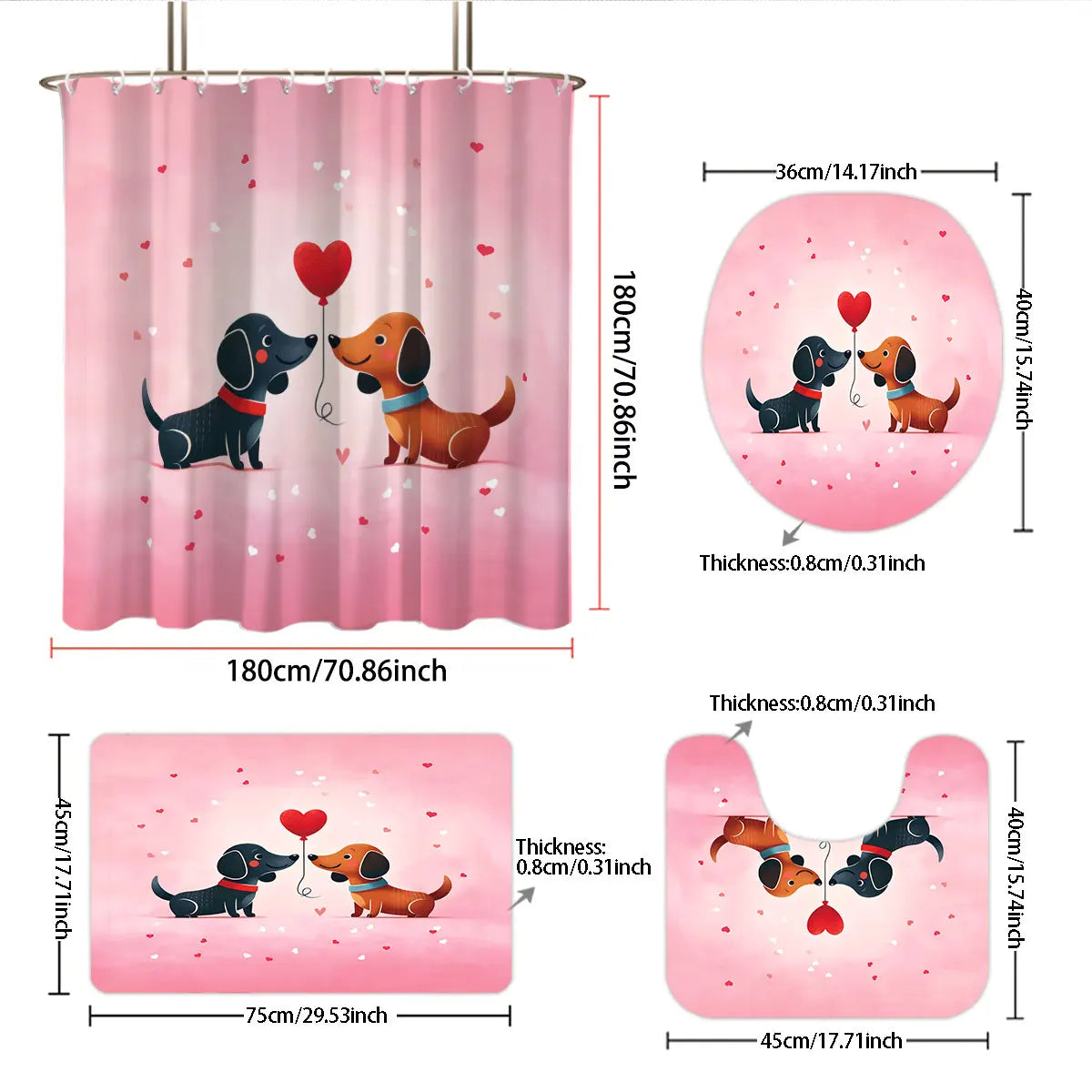4pcs Valentine's Day Pink Romantic Sausage Dog Print Bathroom Set Waterproof Shower Curtain Floor Mat U-shaped Toilet Mat