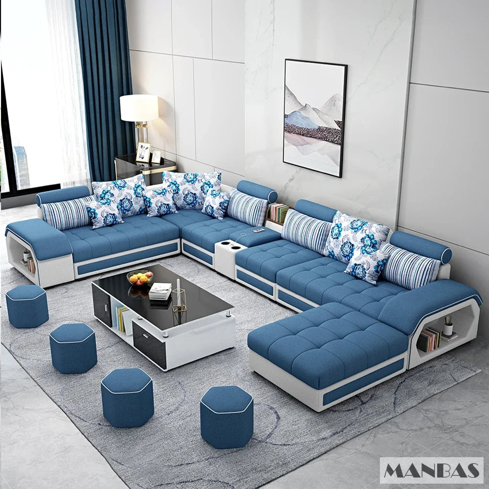 Linlamlim U Shape Fabric Sofa Set With USB Ports And Stools
